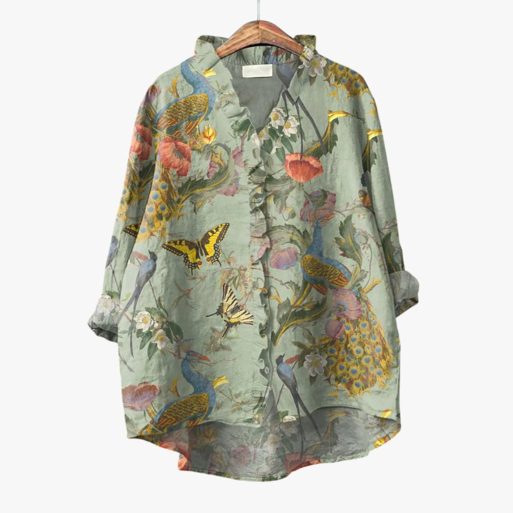 Dame Oversize Sommerbluse med Flæsekrave og Knapper