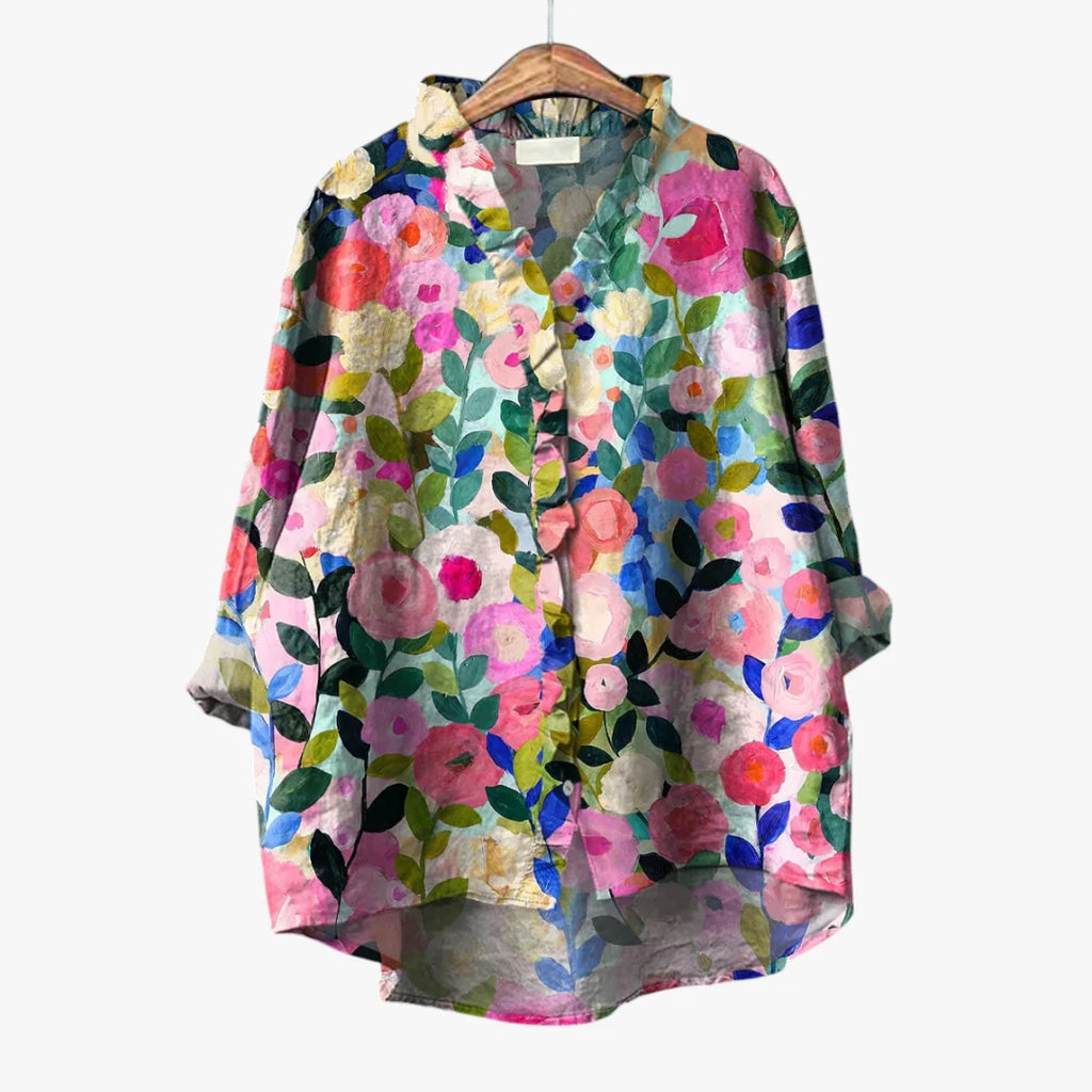 Dame Oversize Sommerbluse med Flæsekrave og Knapper