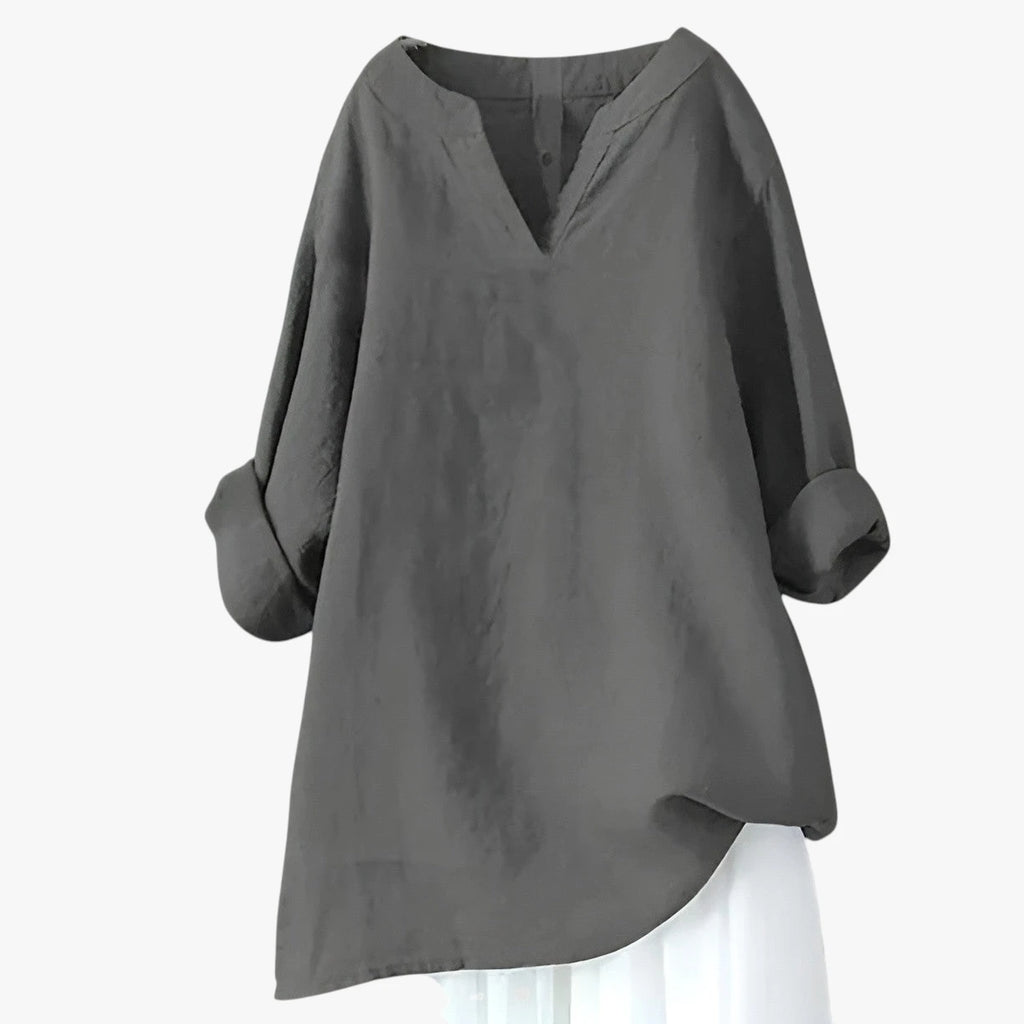 Dame Oversize Sommerbluse med V-Udskæring og Kinakrave