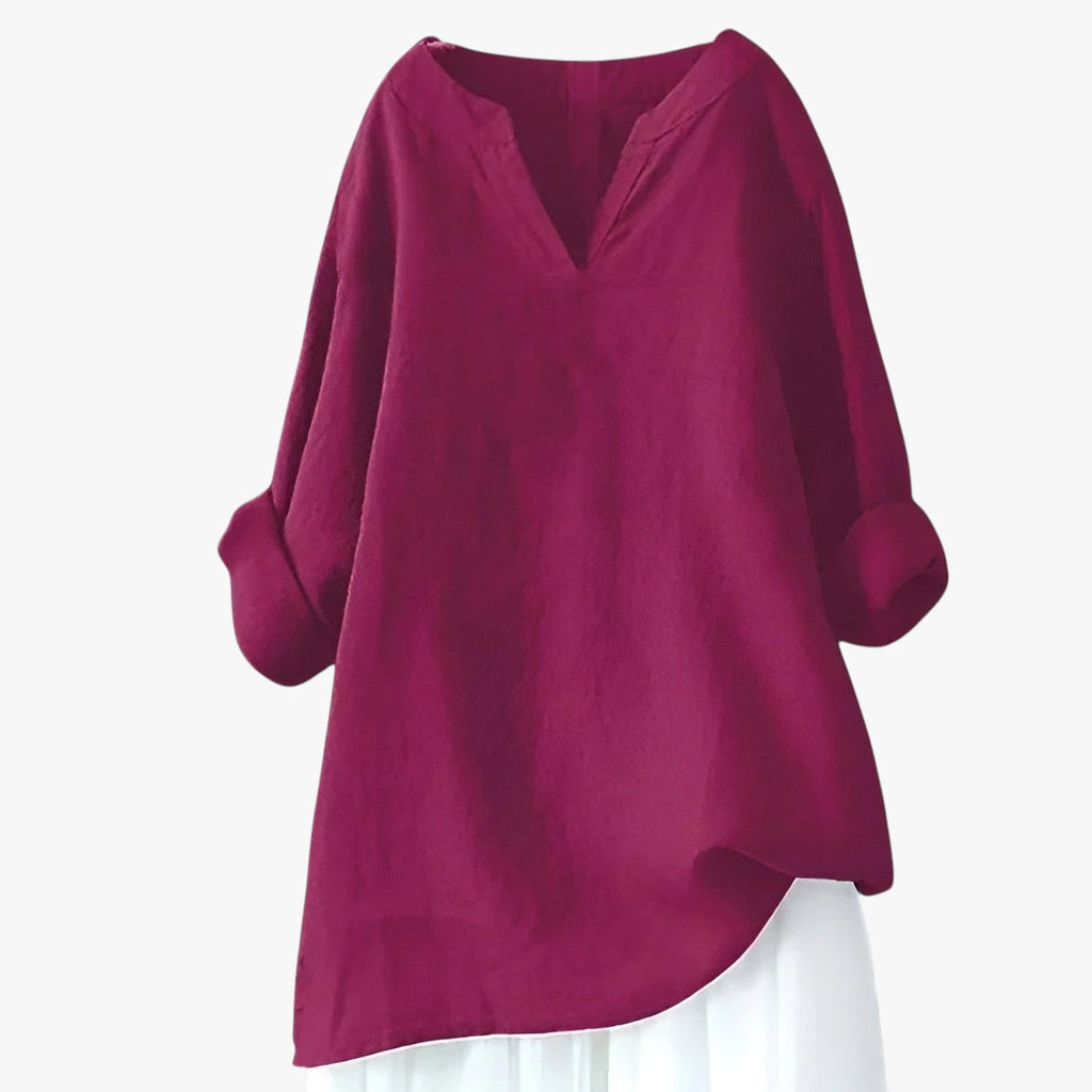 Dame Oversize Sommerbluse med V-Udskæring og Kinakrave