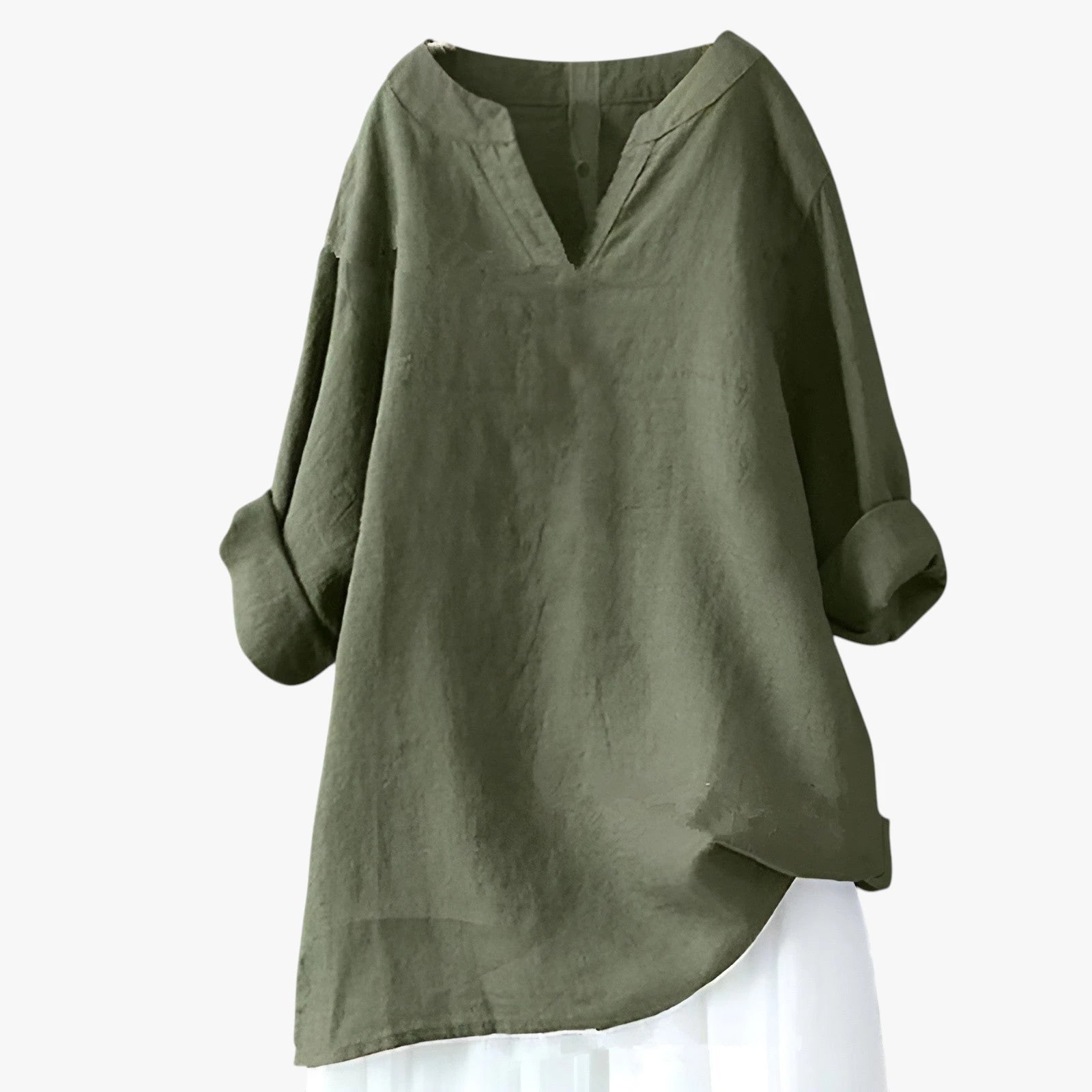 Dame Oversize Sommerbluse med V-Udskæring og Kinakrave