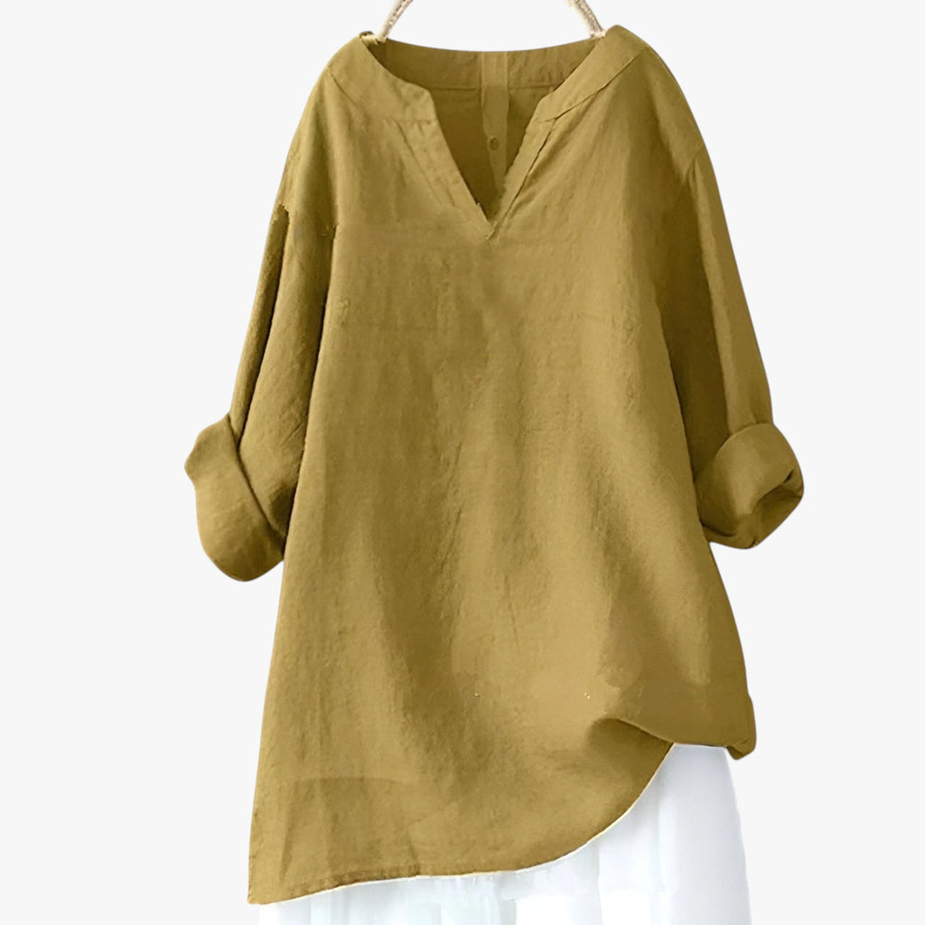 Dame Oversize Sommerbluse med V-Udskæring og Kinakrave