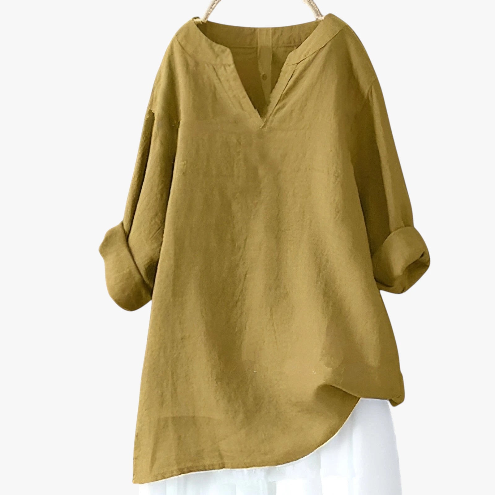 Dame Oversize Sommerbluse med V-Udskæring og Kinakrave