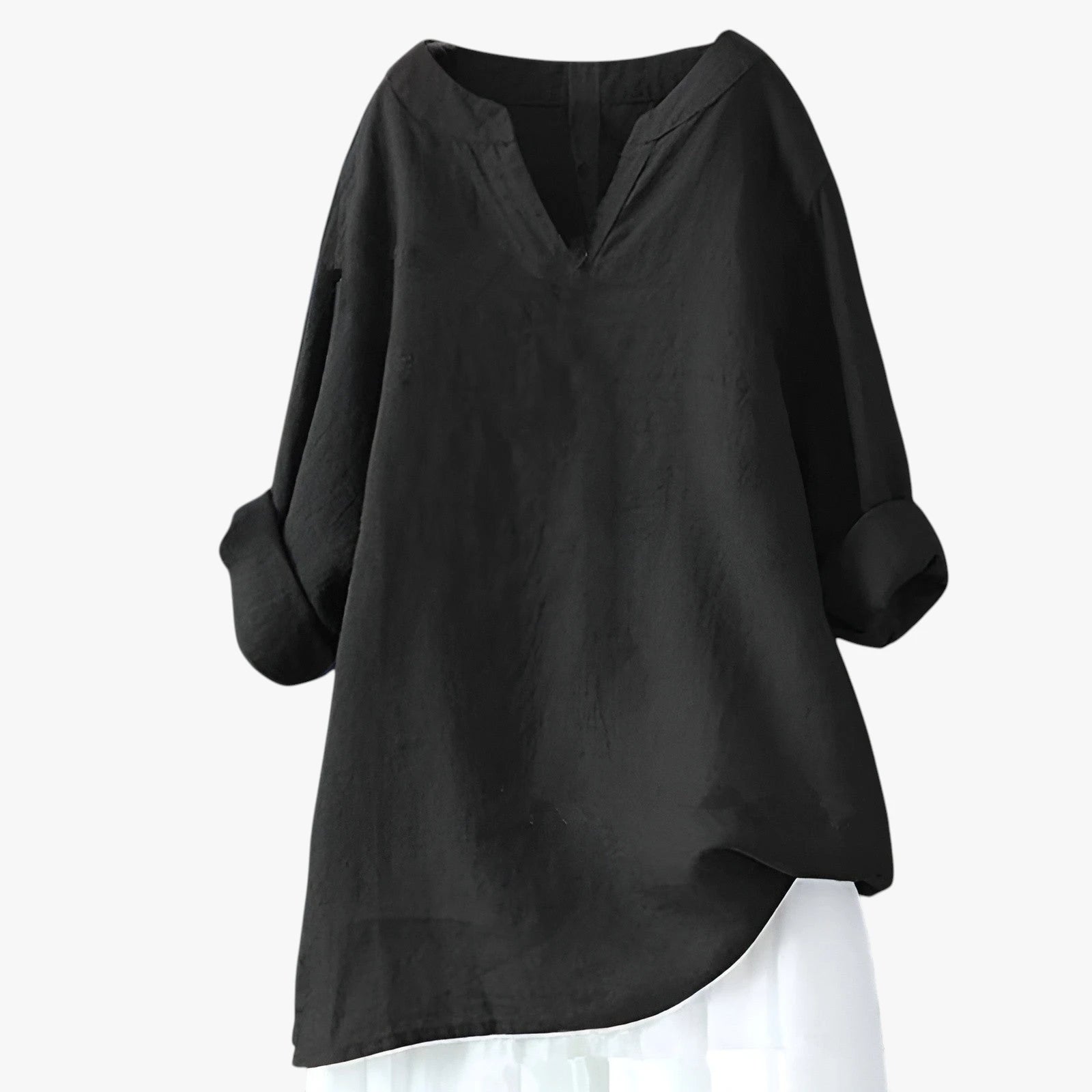 Dame Oversize Sommerbluse med V-Udskæring og Kinakrave
