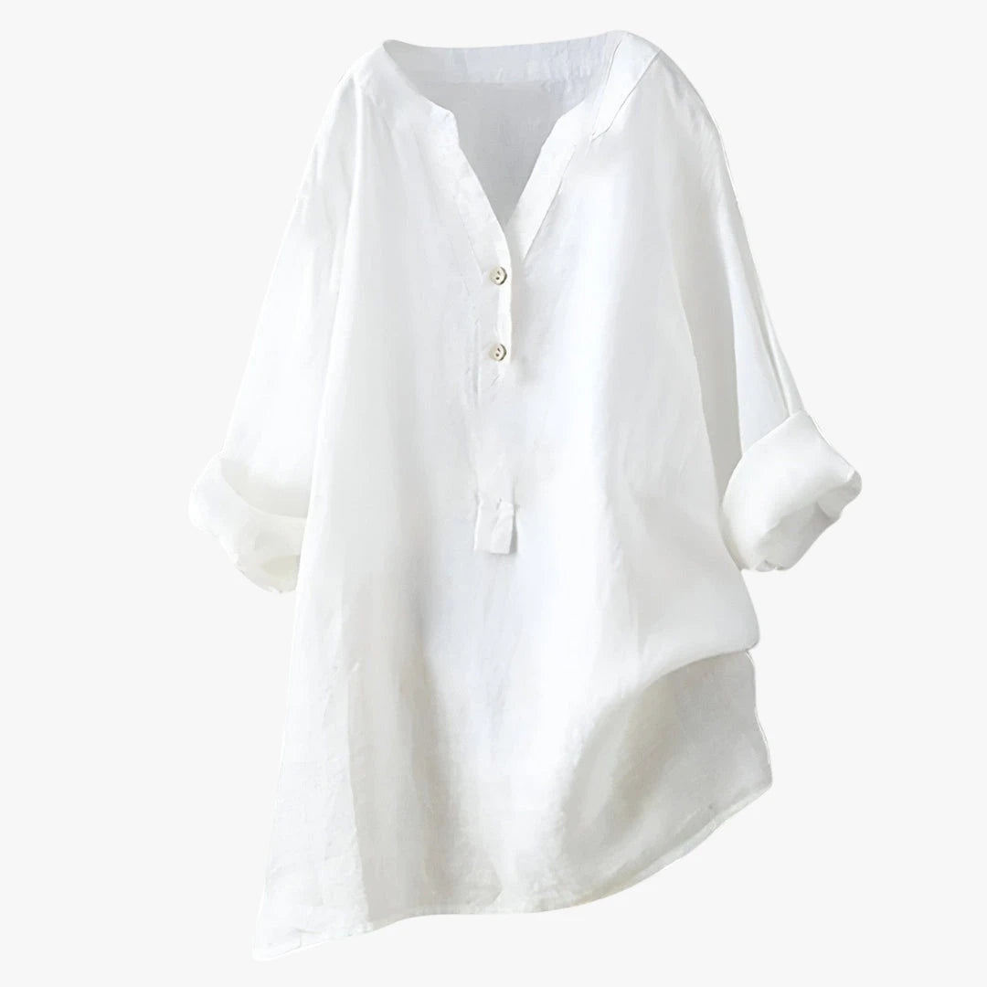Dame Oversize Sommerbluse med V-Udskæring og Knapper