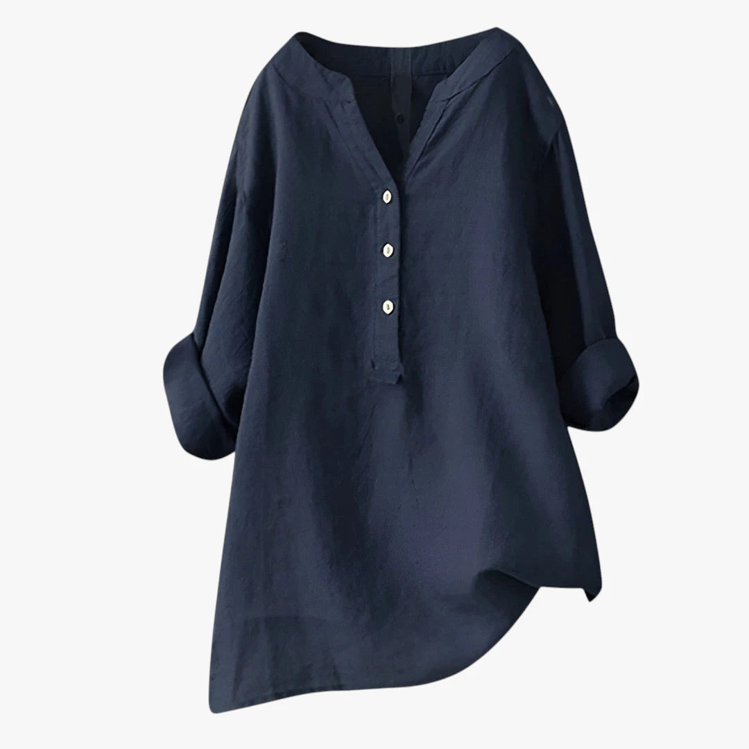 Dame Oversize Sommerbluse med V-Udskæring og Knapper