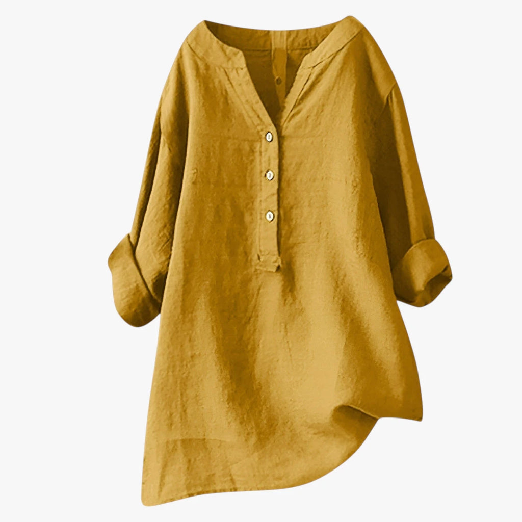 Dame Oversize Sommerbluse med V-Udskæring og Knapper
