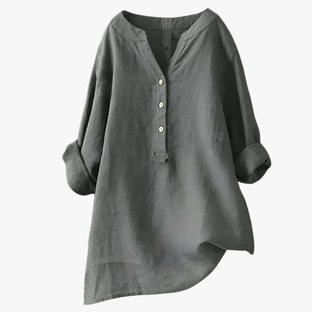 Dame Oversize Sommerbluse med V-Udskæring og Knapper