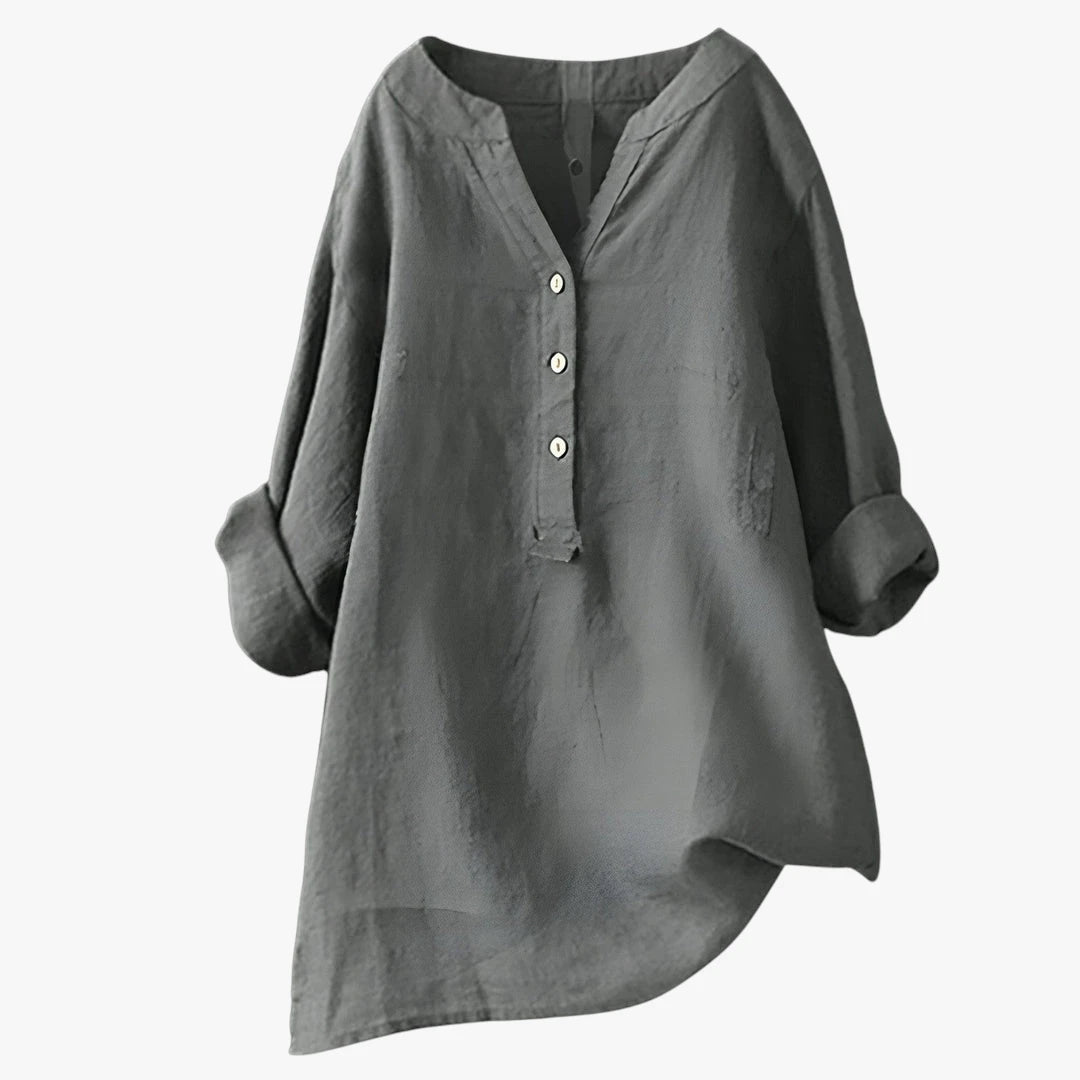 Dame Oversize Sommerbluse med V-Udskæring og Knapper