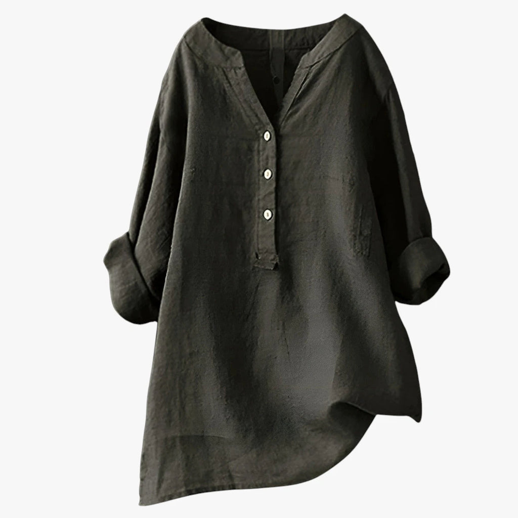 Dame Oversize Sommerbluse med V-Udskæring og Knapper