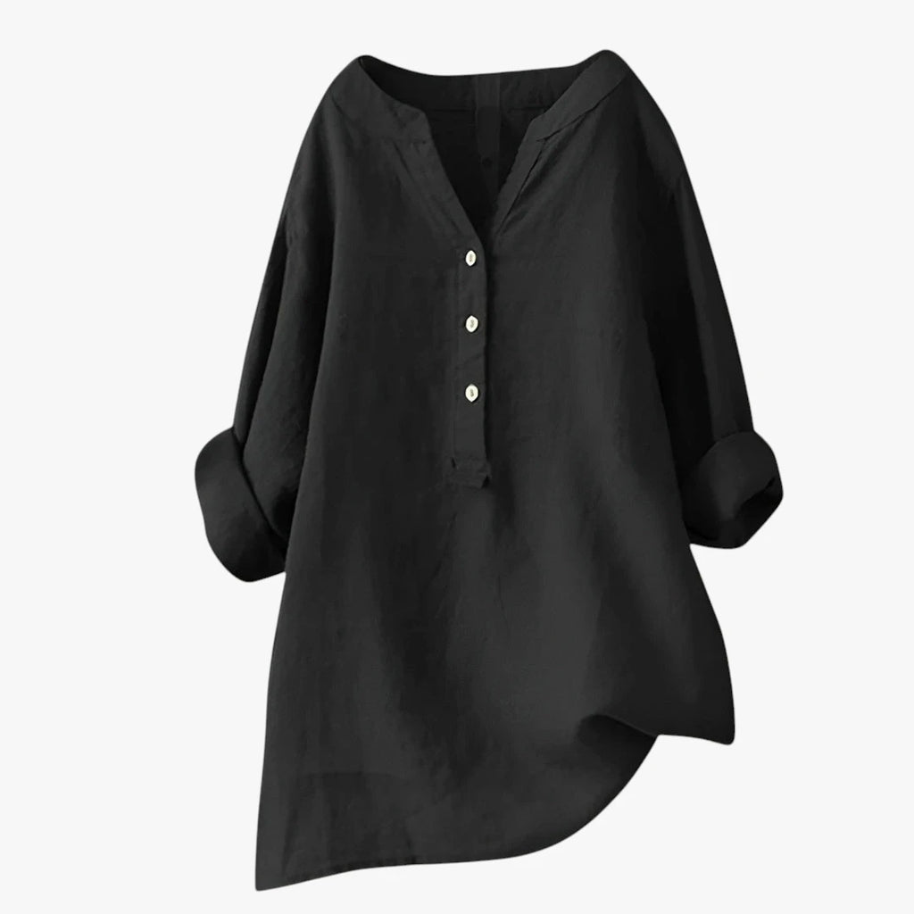 Dame Oversize Sommerbluse med V-Udskæring og Knapper
