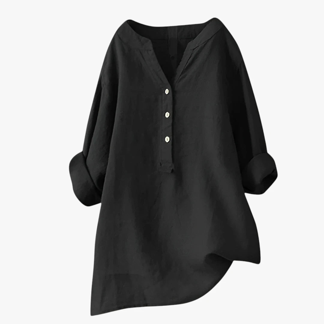 Dame Oversize Sommerbluse med V-Udskæring og Knapper