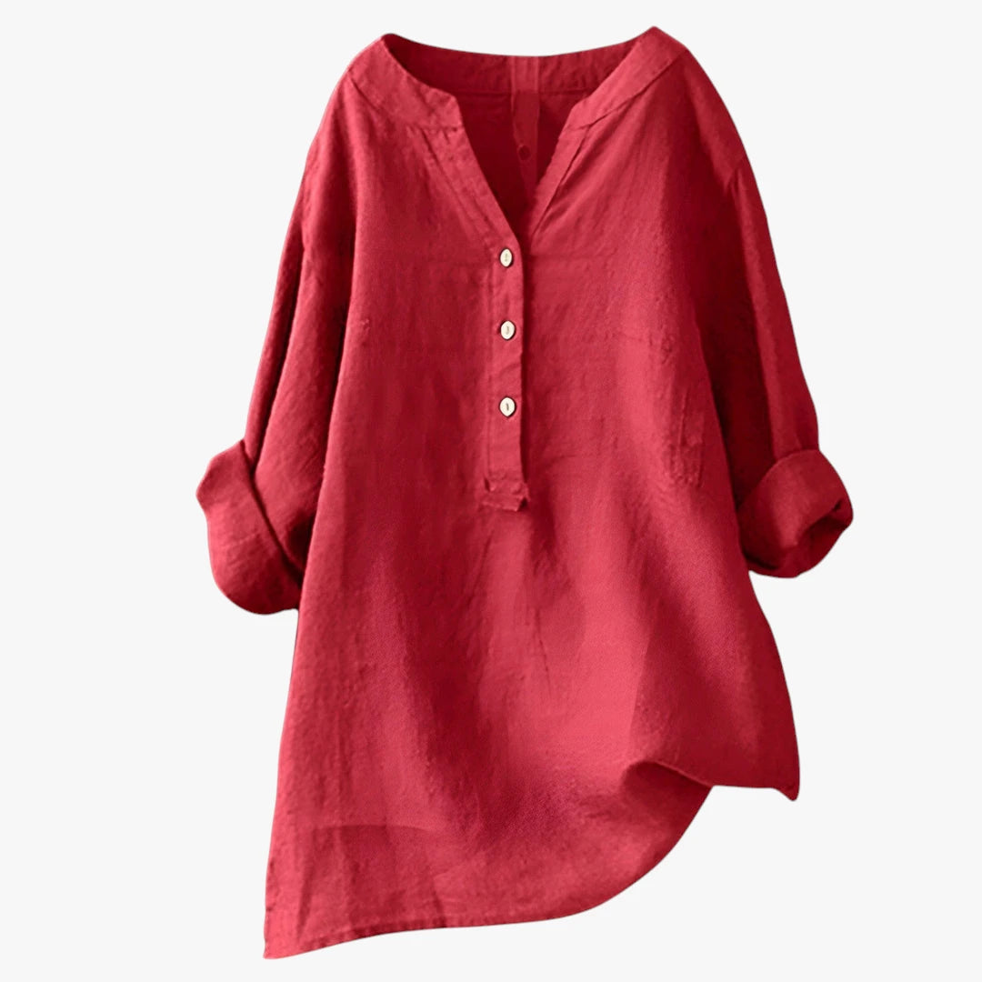 Dame Oversize Sommerbluse med V-Udskæring og Knapper