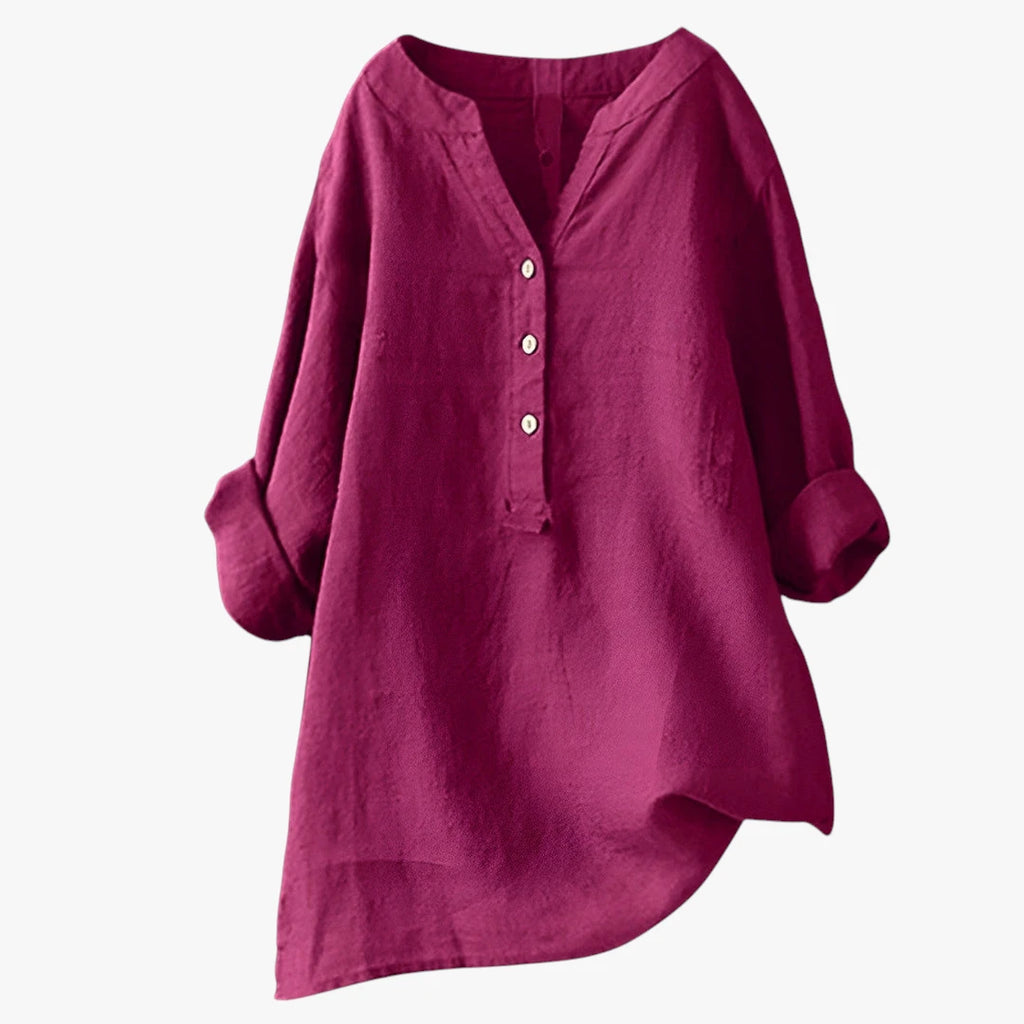 Dame Oversize Sommerbluse med V-Udskæring og Knapper