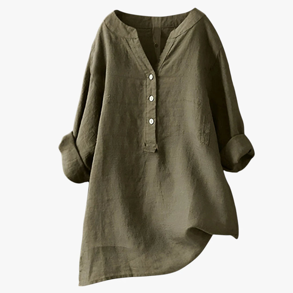 Dame Oversize Sommerbluse med V-Udskæring og Knapper