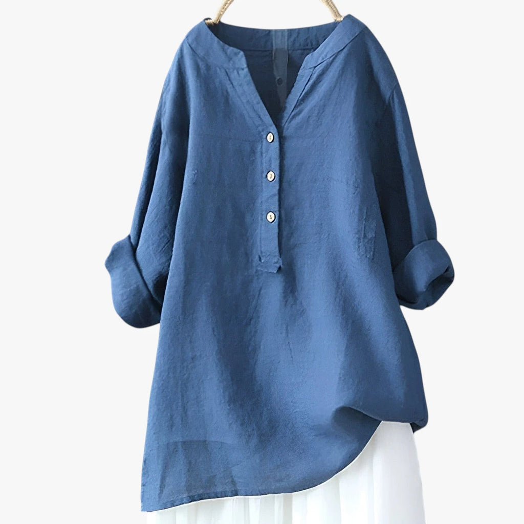 Dame Oversize Sommerbluse med V-Udskæring og Knapper