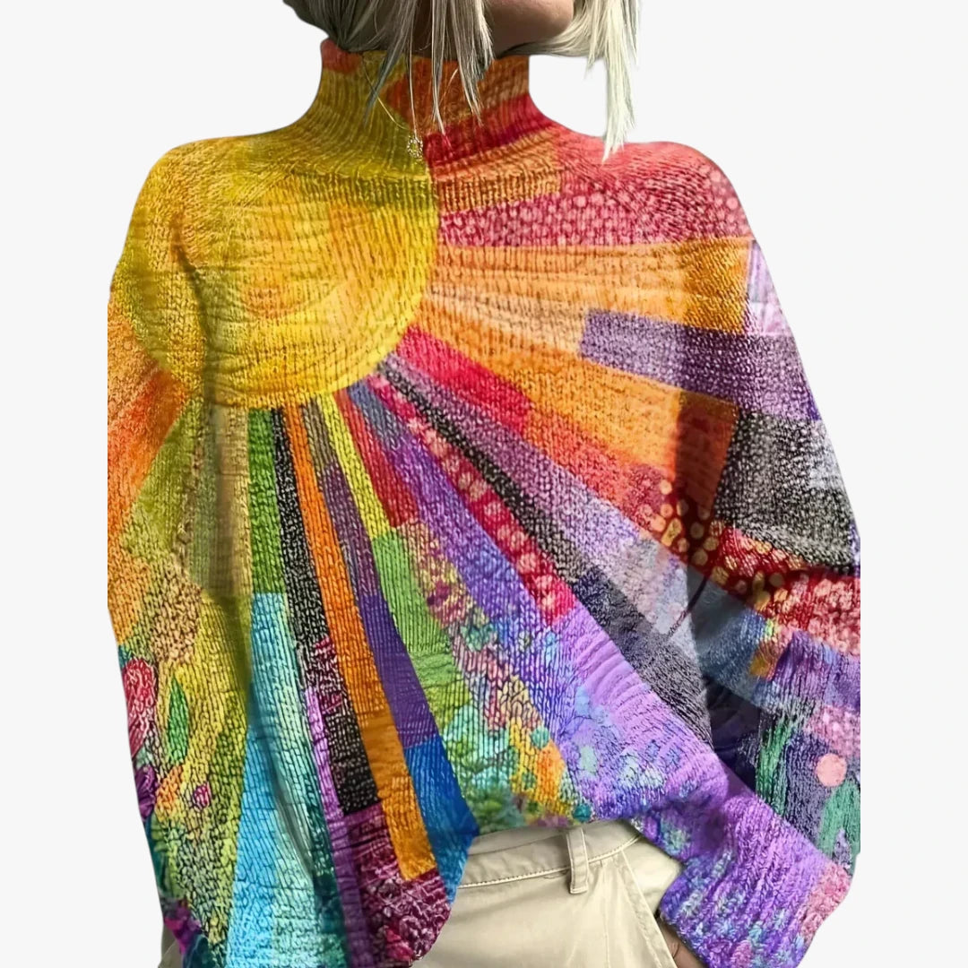 Dame Oversize Sweater med Rullekrave og Solmønster