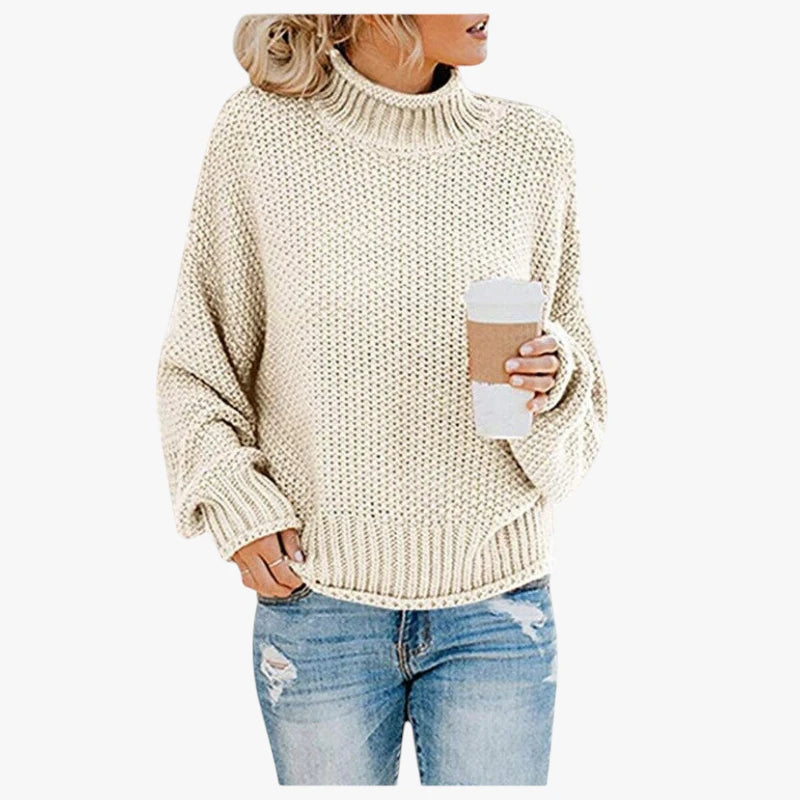 Dame Oversized Striktrøje med Rullekrave
