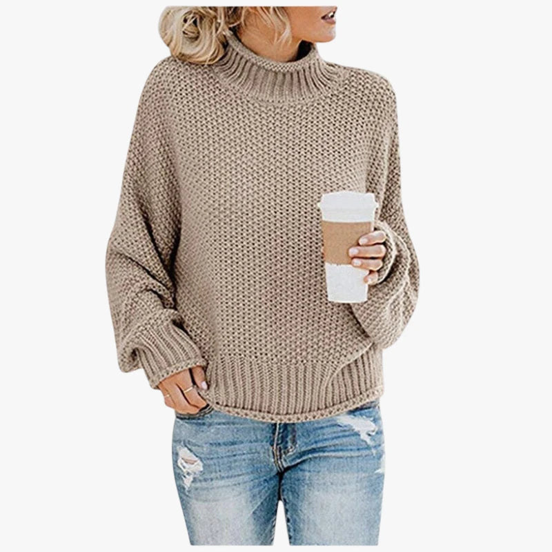 Dame Oversized Striktrøje med Rullekrave