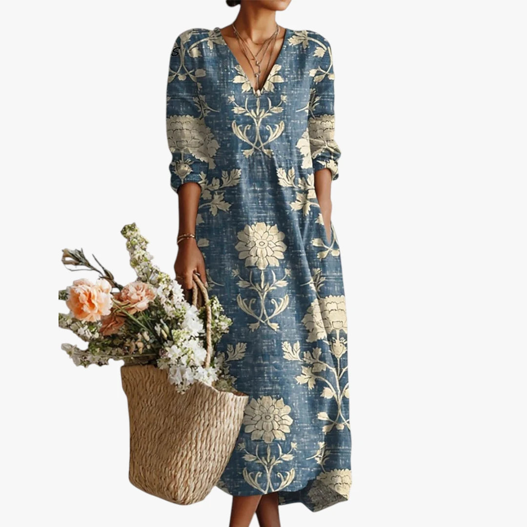 Dame Sommer Blomstret Midi Kjole med V-neck og Lange Ærmer