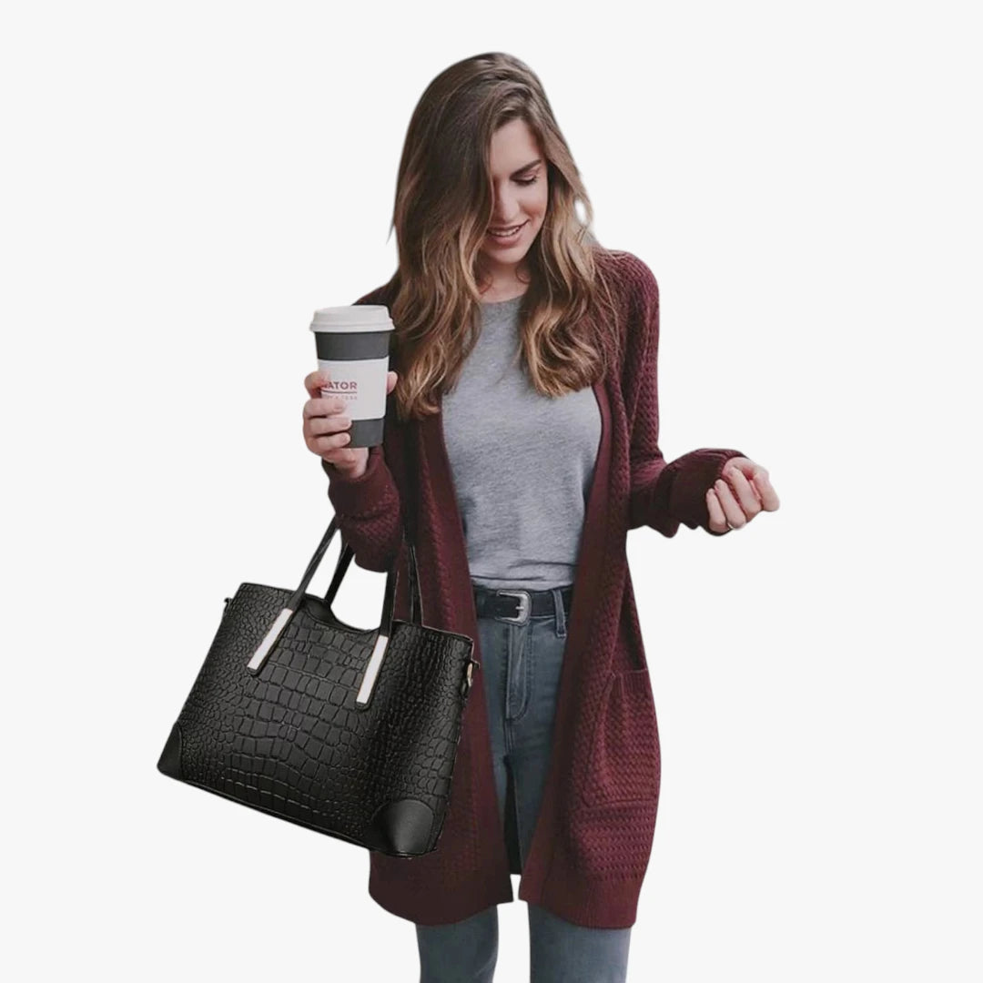 Dame Sort Shopper Bag Taske med Mange Rum og Lynlås