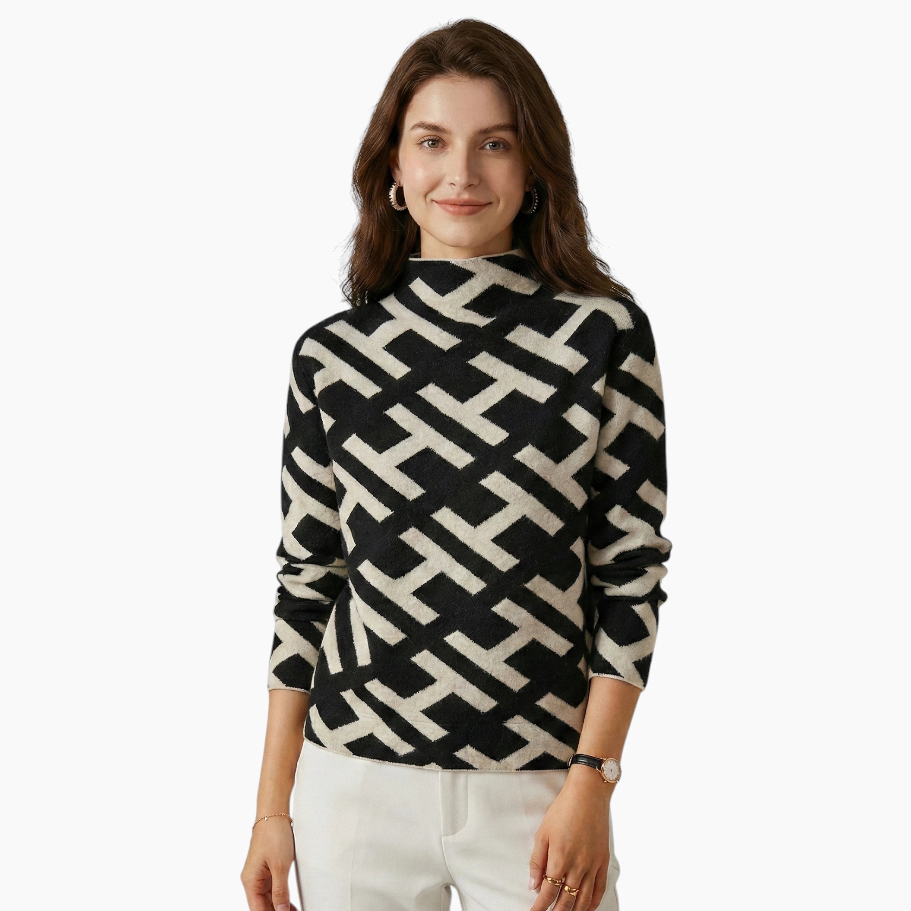 Dame Sort Sweater med Geometrisk Mønster