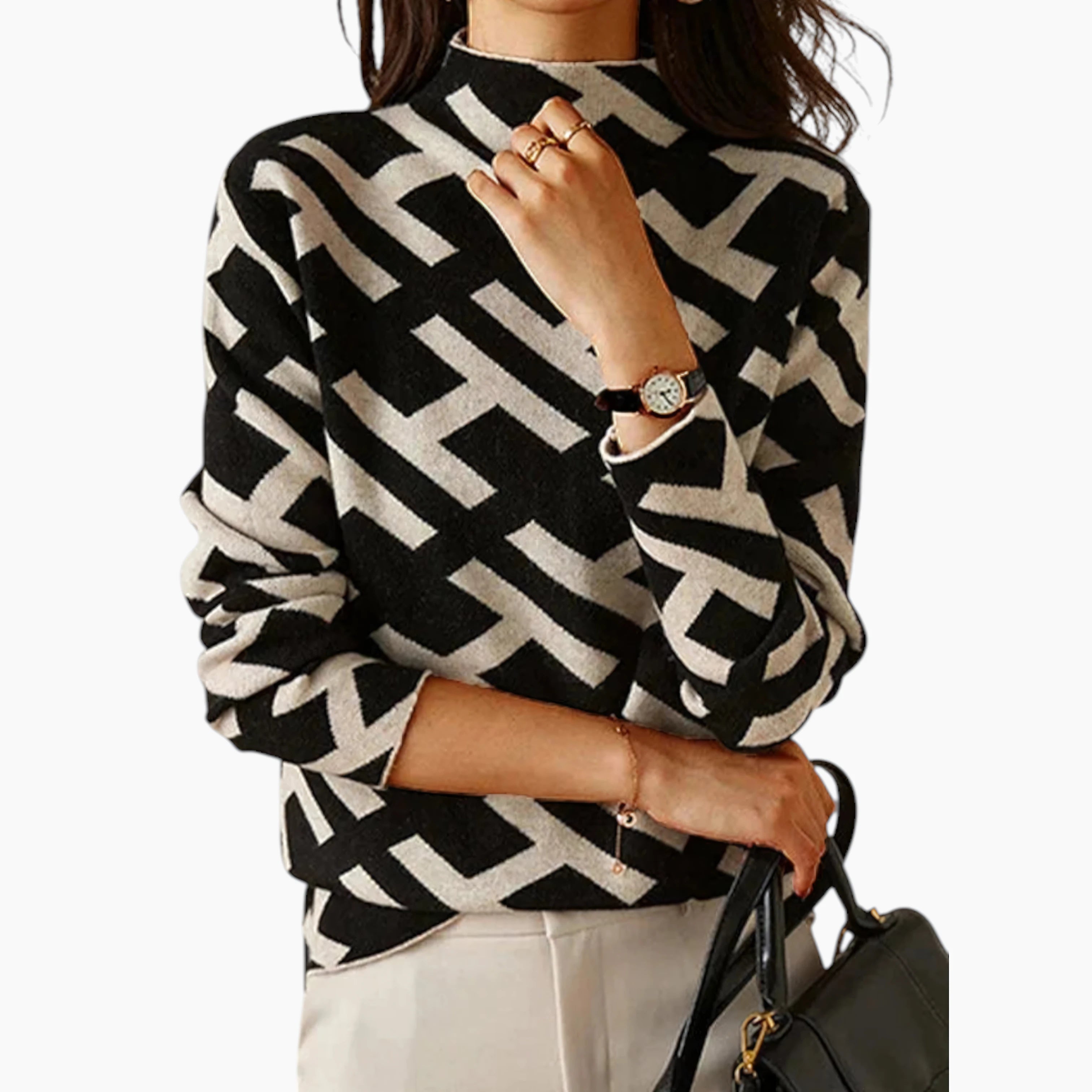 Dame Sort Sweater med Geometrisk Mønster