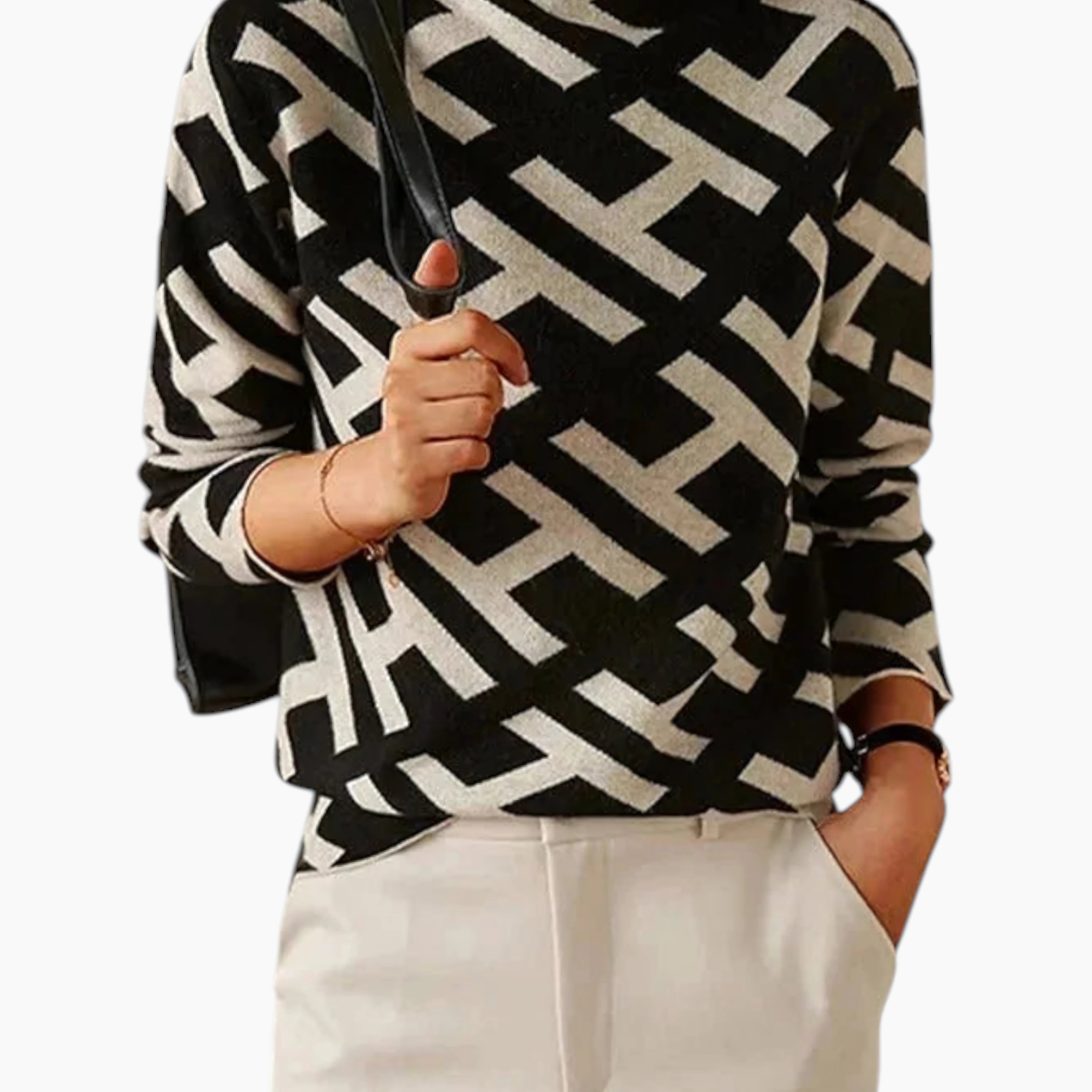 Dame Sort Sweater med Geometrisk Mønster