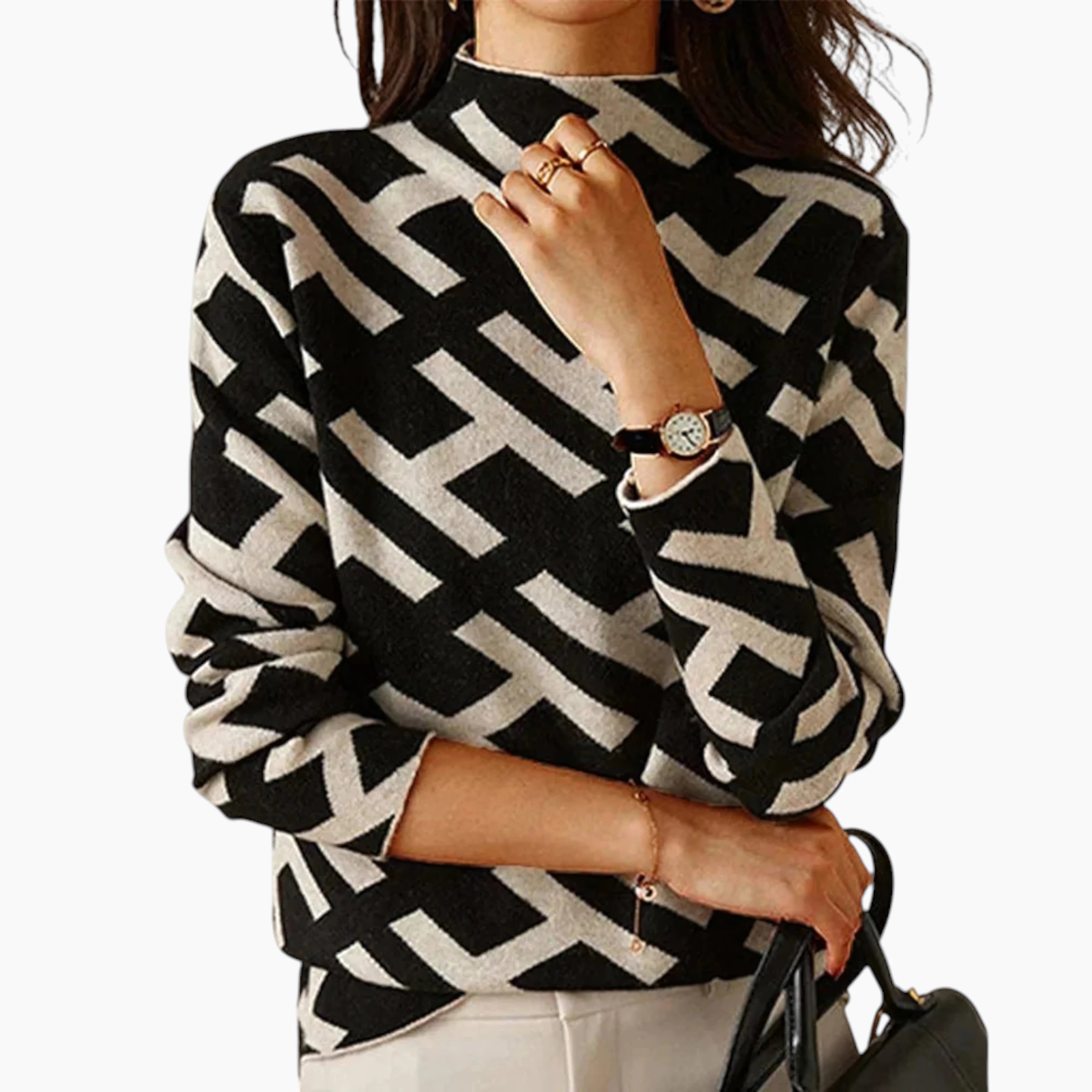 Dame Sort Sweater med Geometrisk Mønster