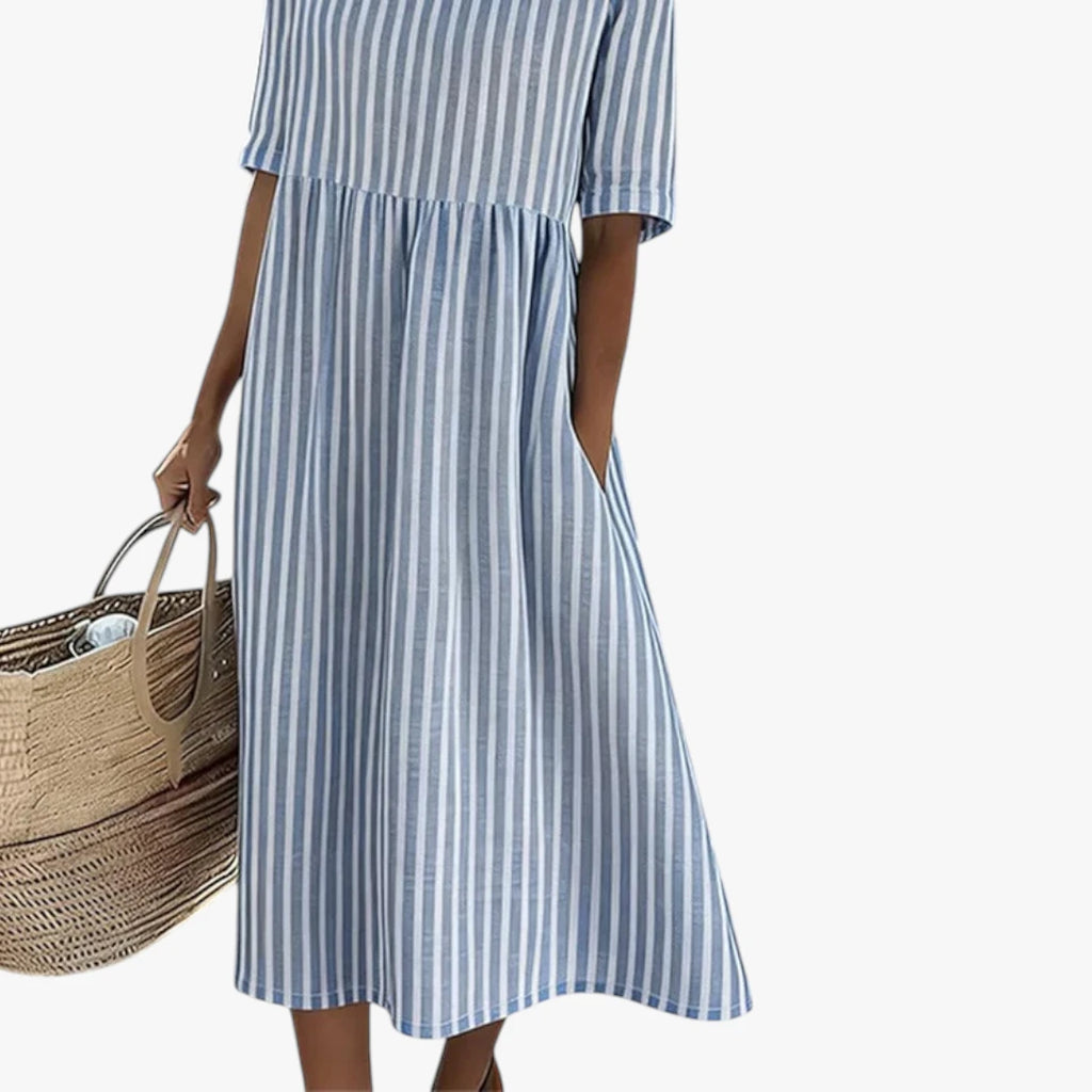 Dame Stribet Midi Sommerkjole med Lommer