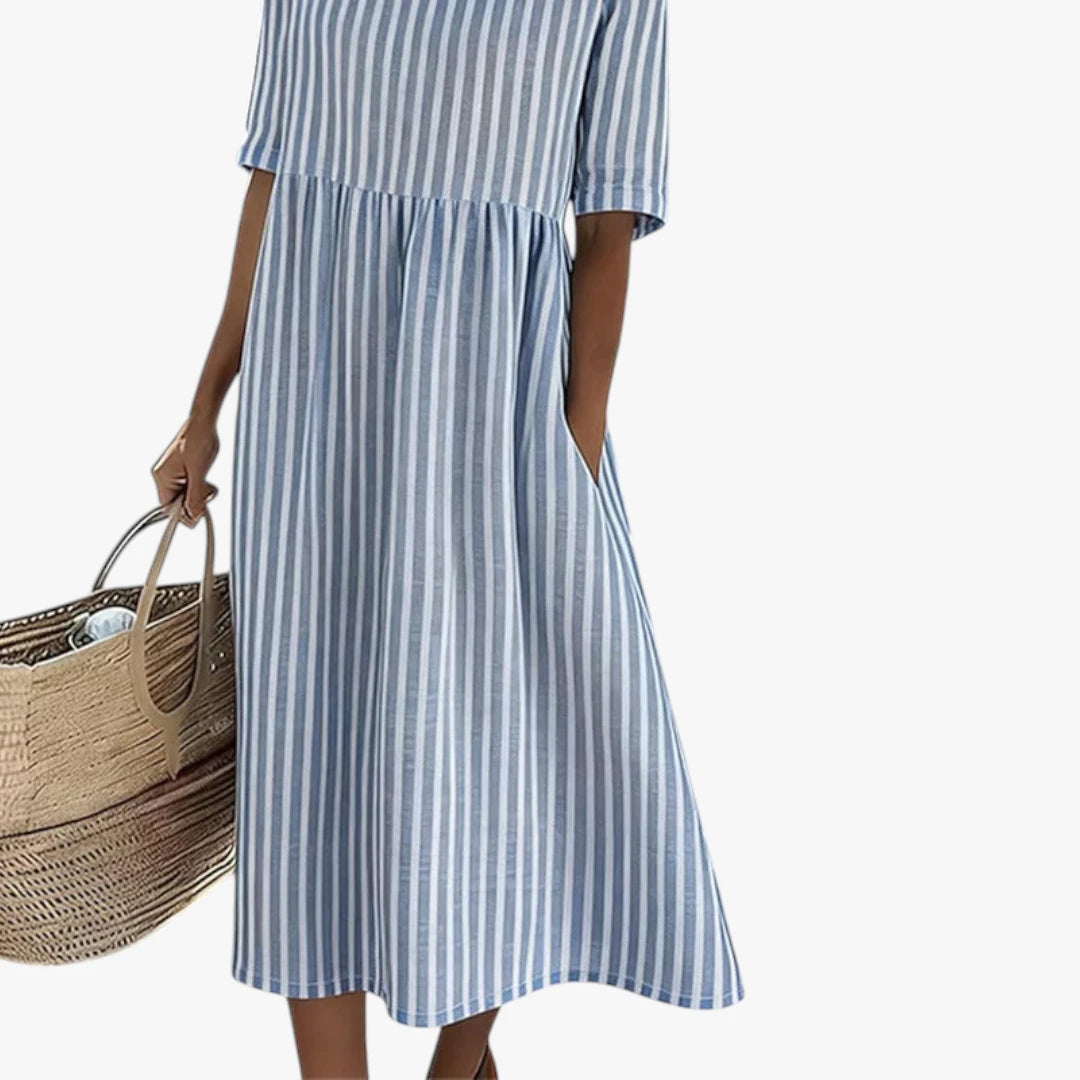 Dame Stribet Midi Sommerkjole med Lommer