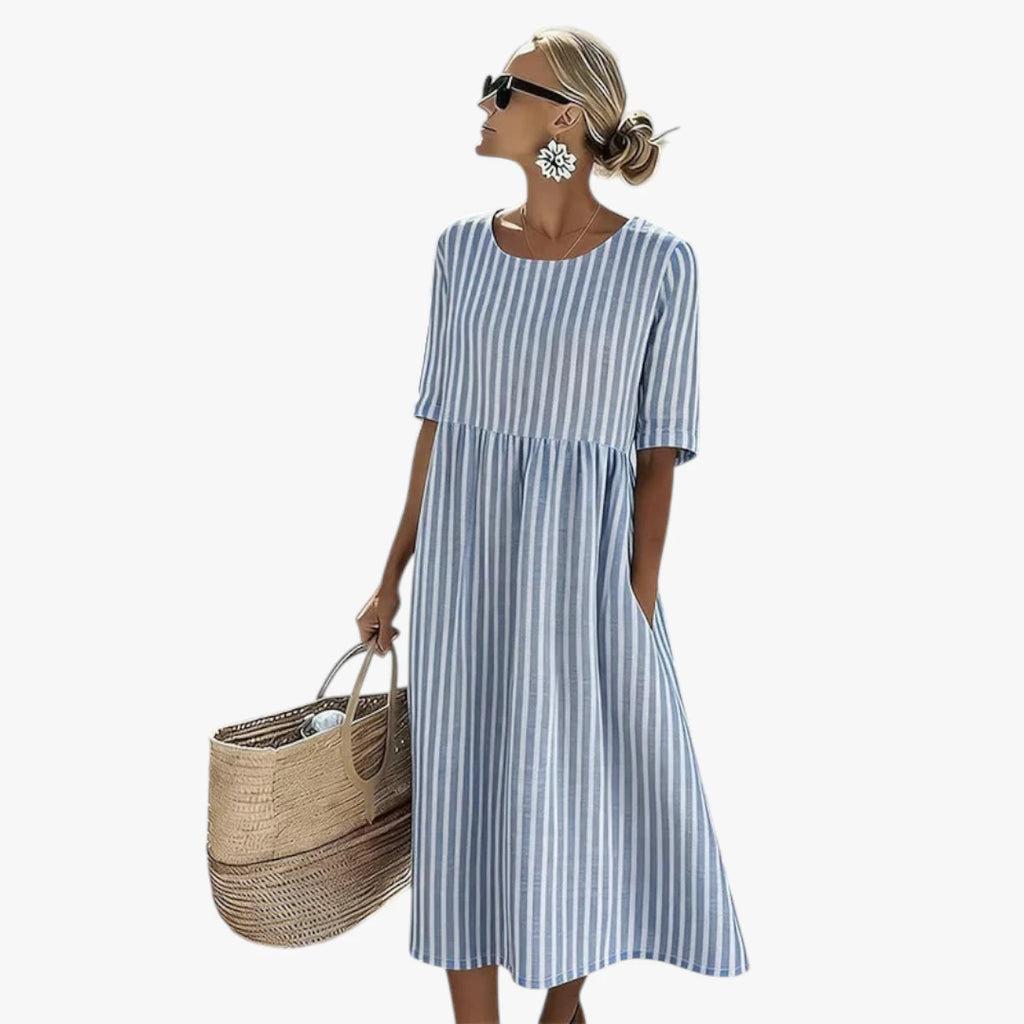 Dame Stribet Midi Sommerkjole med Lommer