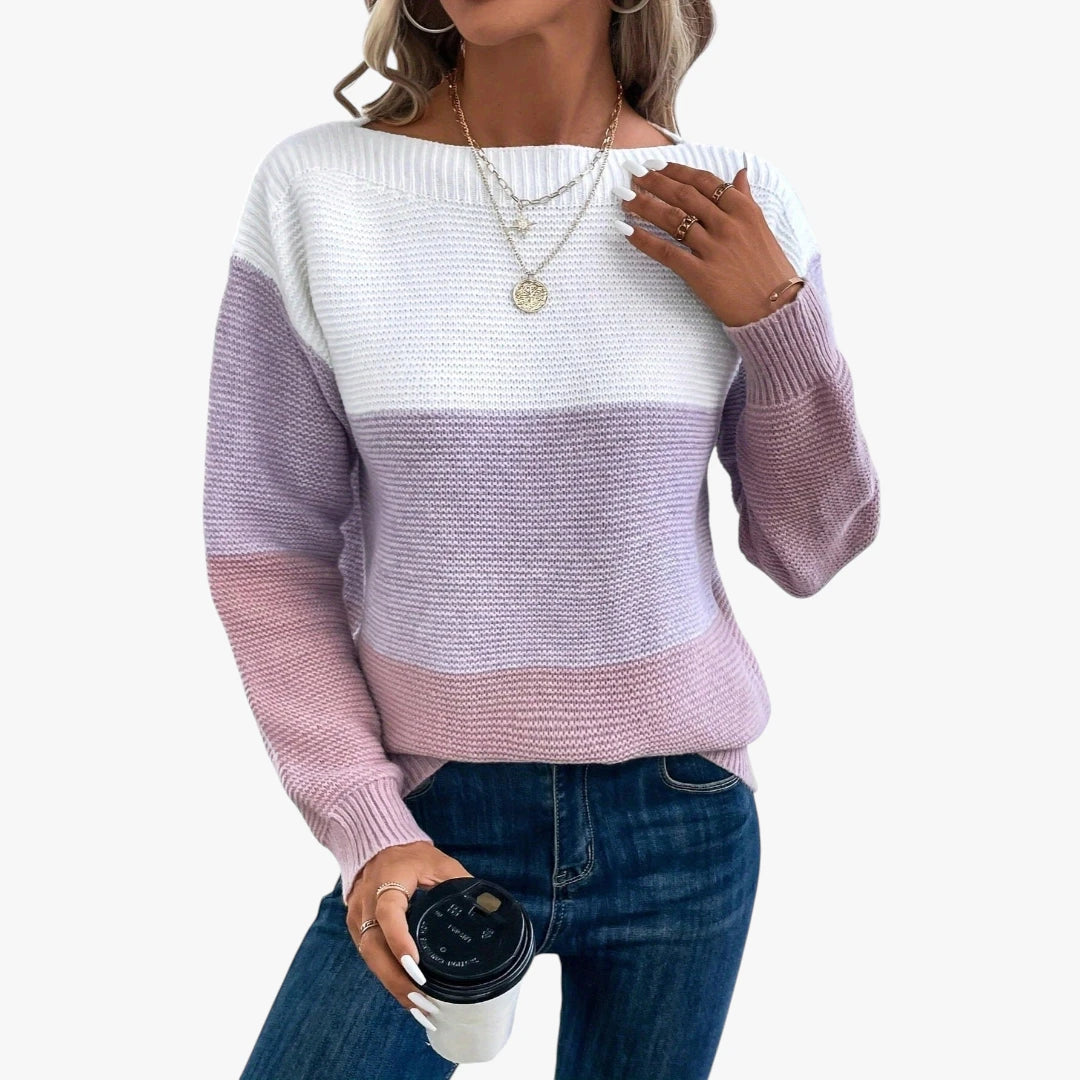 Dame Stribet Sweater med Perlestrik