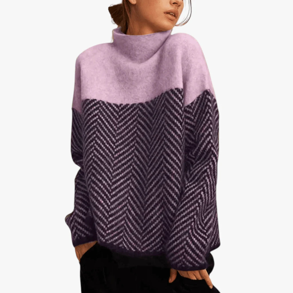 Dame Stribet Sweater med Rullekrave