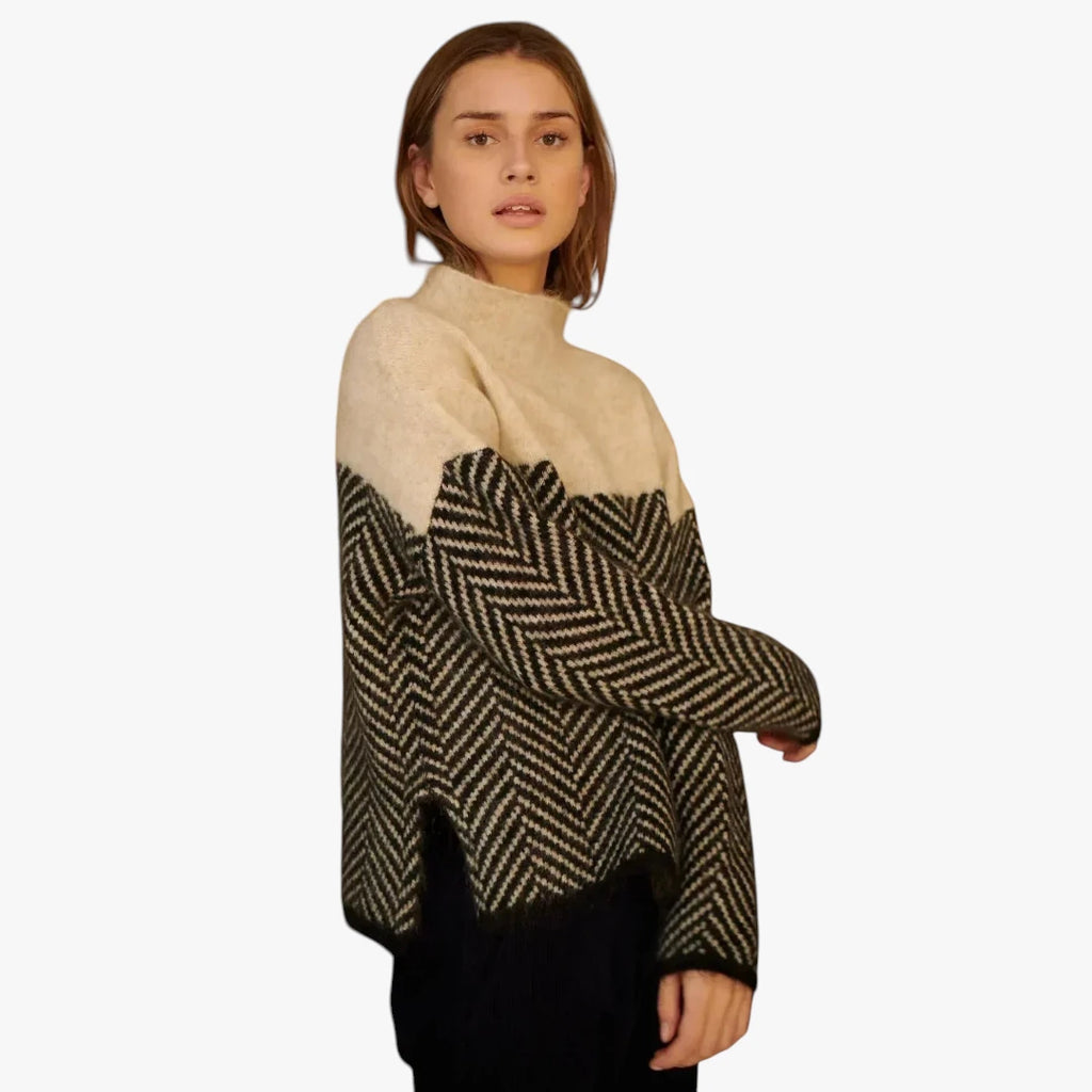 Dame Stribet Sweater med Rullekrave