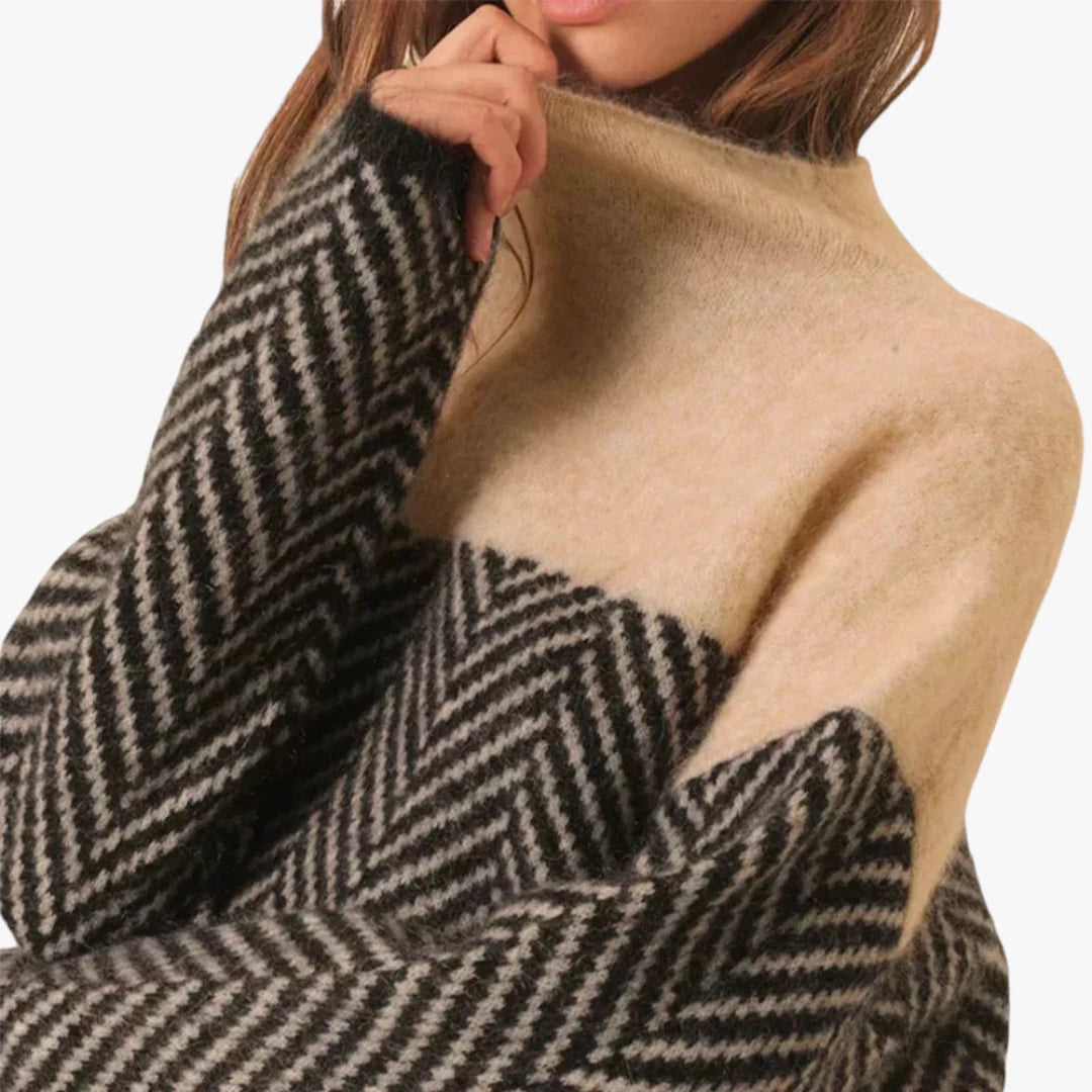 Dame Stribet Sweater med Rullekrave