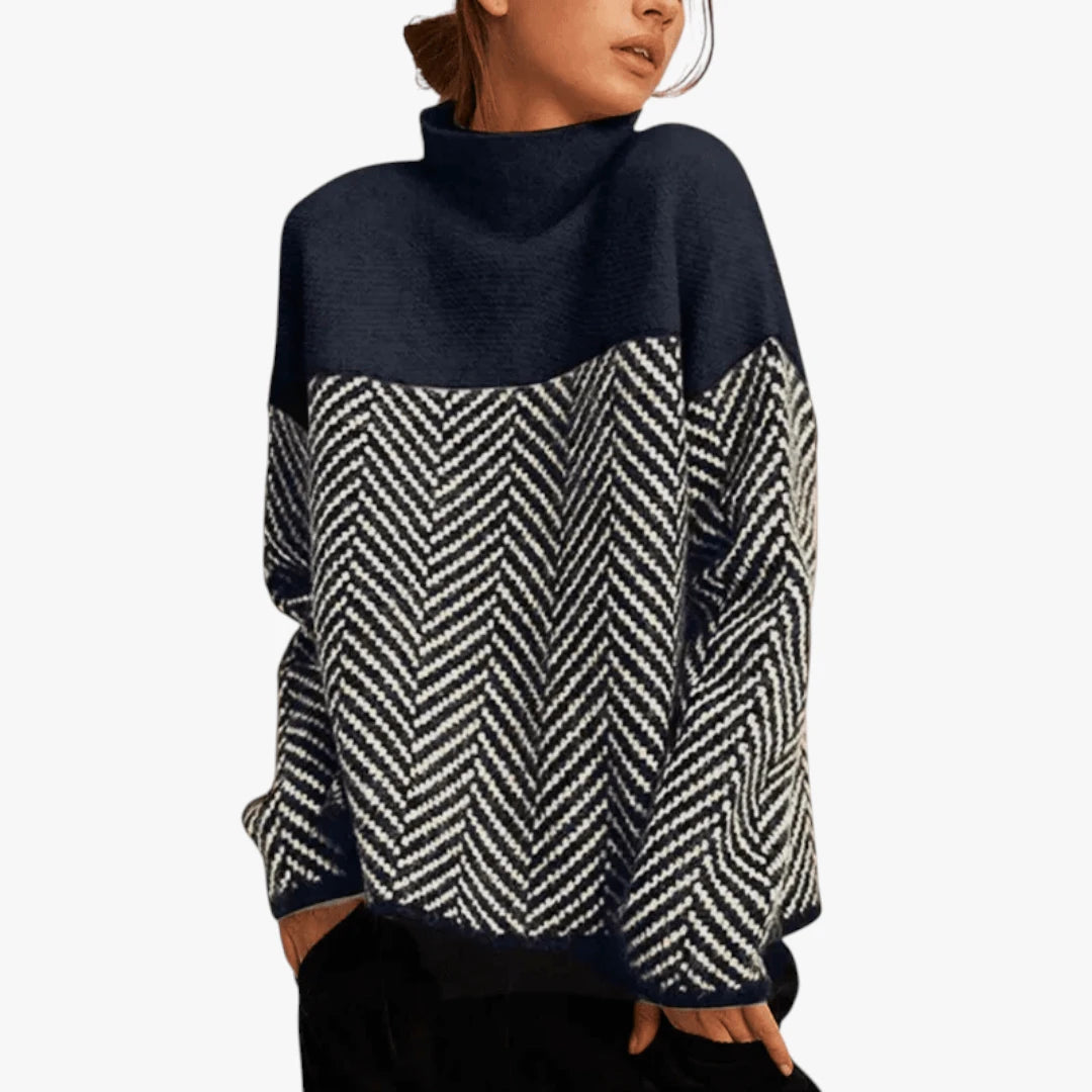 Dame Stribet Sweater med Rullekrave