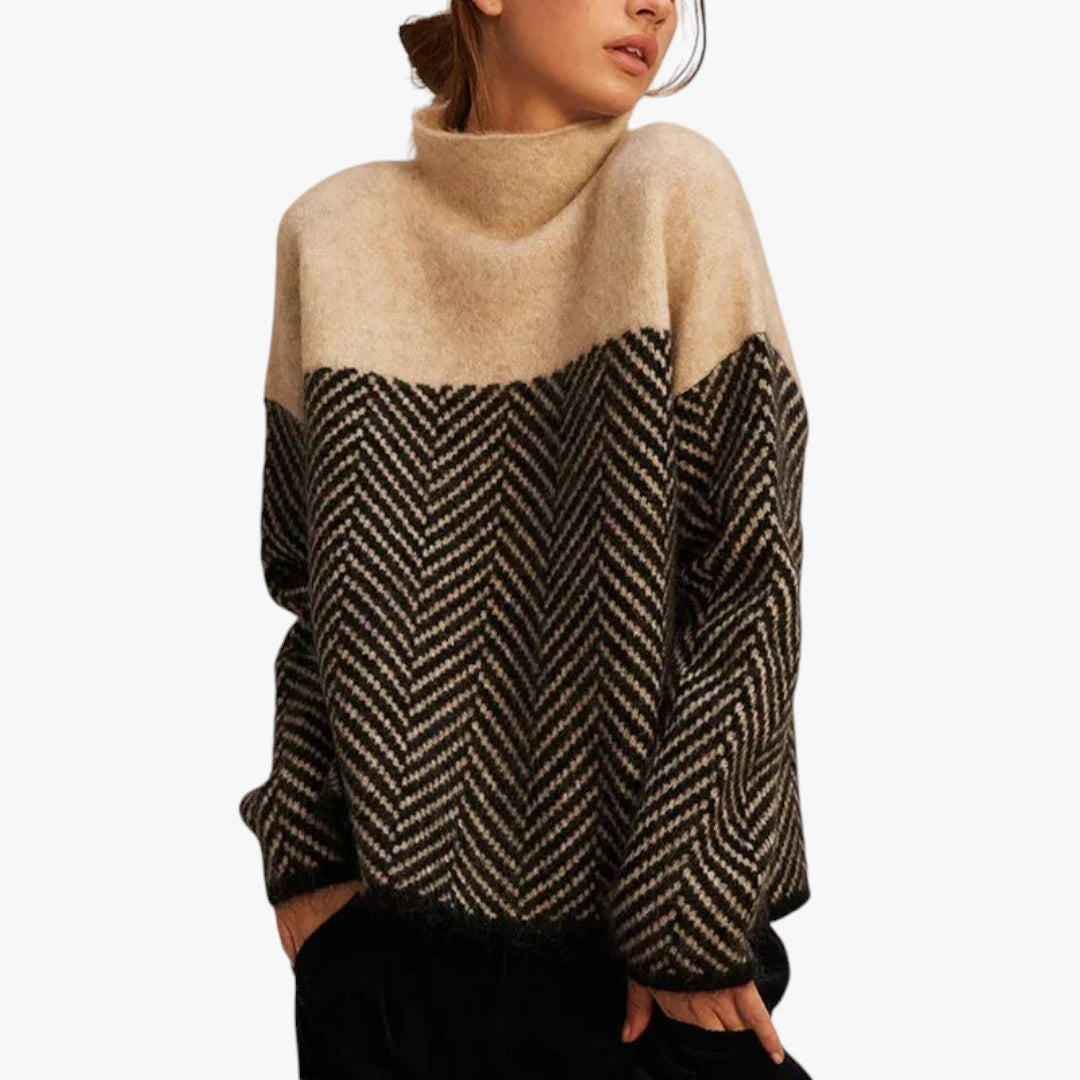 Dame Stribet Sweater med Rullekrave