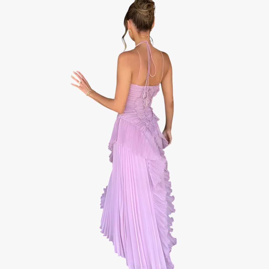 Dame Halterneck Maxi Kjole til Bryllup med Flæser