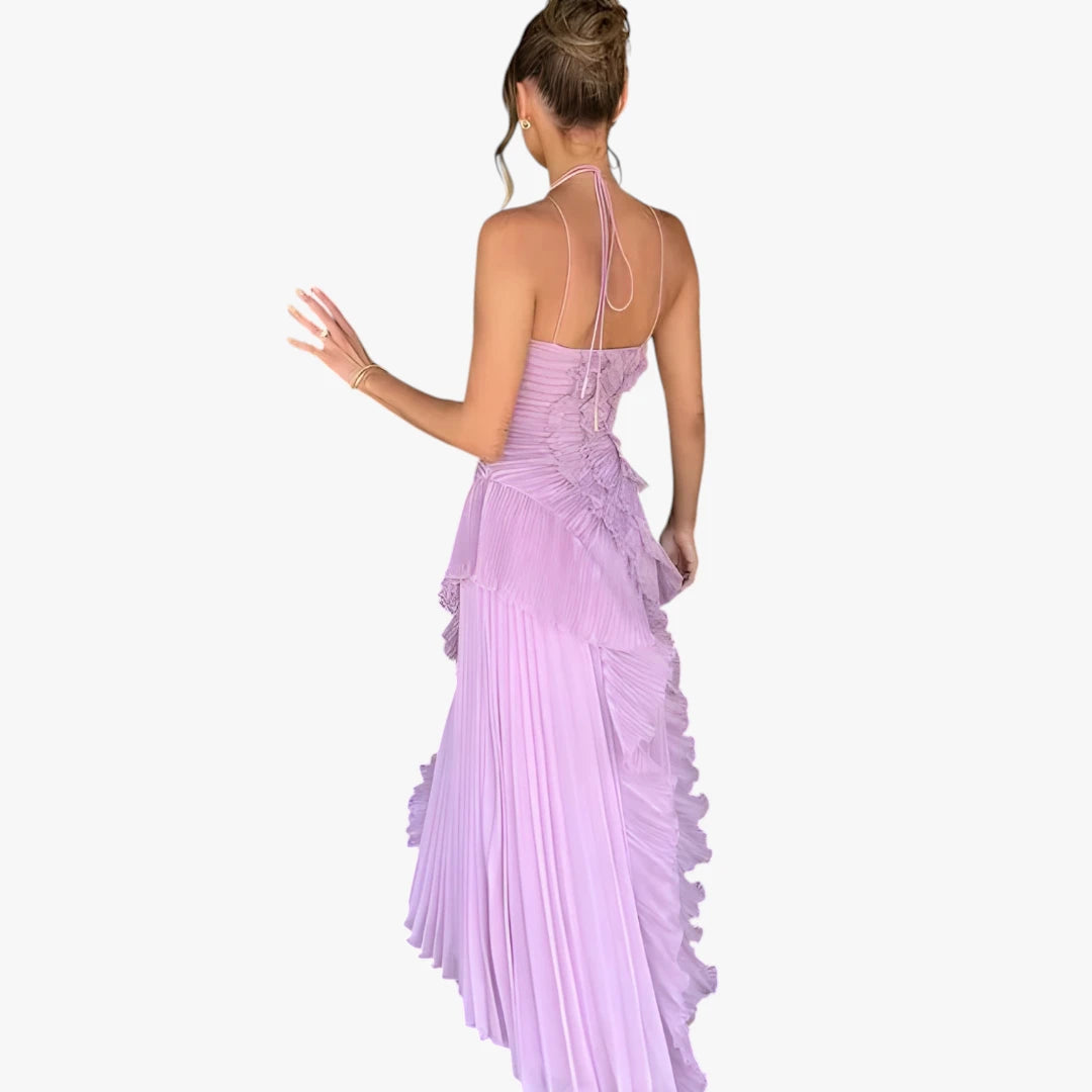 Dame Halterneck Maxi Kjole til Bryllup med Flæser