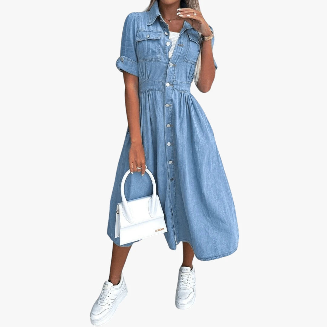 Dame Sommer Midi Denimkjole med Knapper og Krave