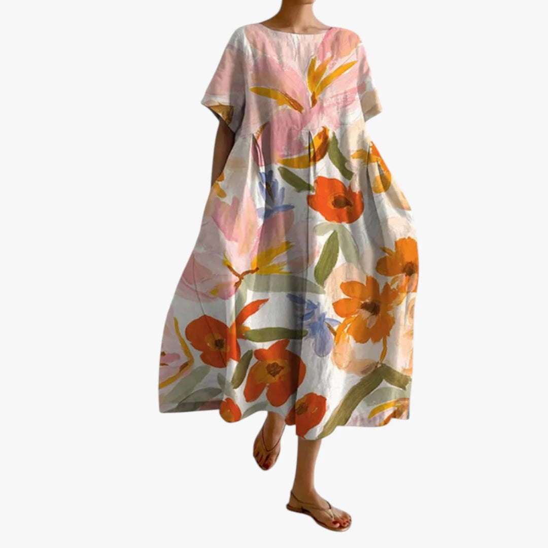 Dame Blomstret Midi Sommerkjole med Oversize Pasform og Rund Hals