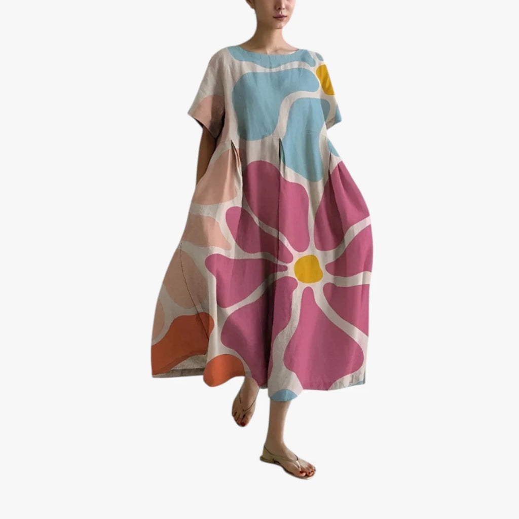 Dame Blomstret Midi Sommerkjole med Oversize Pasform og Rund Hals