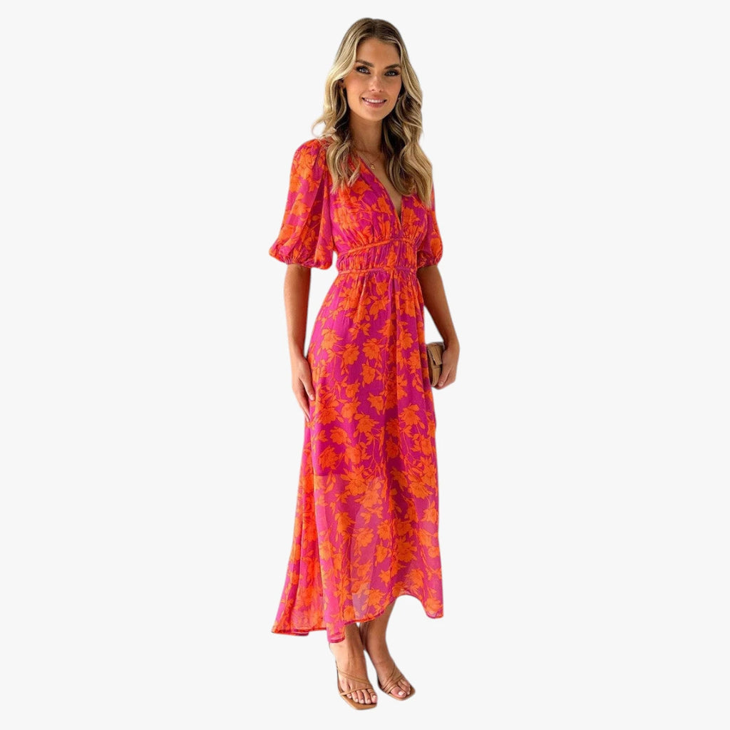 Dame Sommer Midi Blomsterkjole med Pufærmer