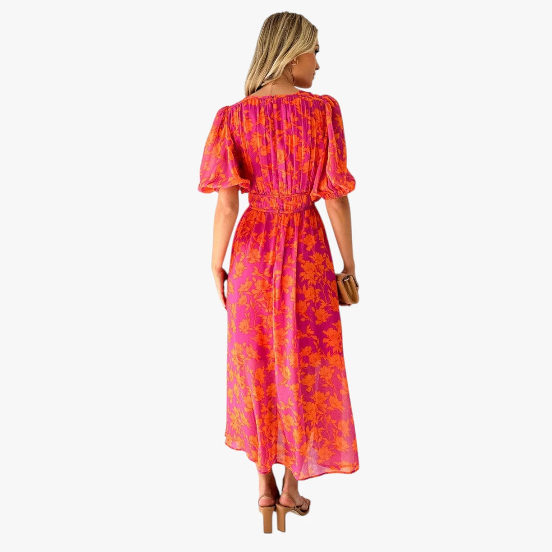 Dame Sommer Midi Blomsterkjole med Pufærmer