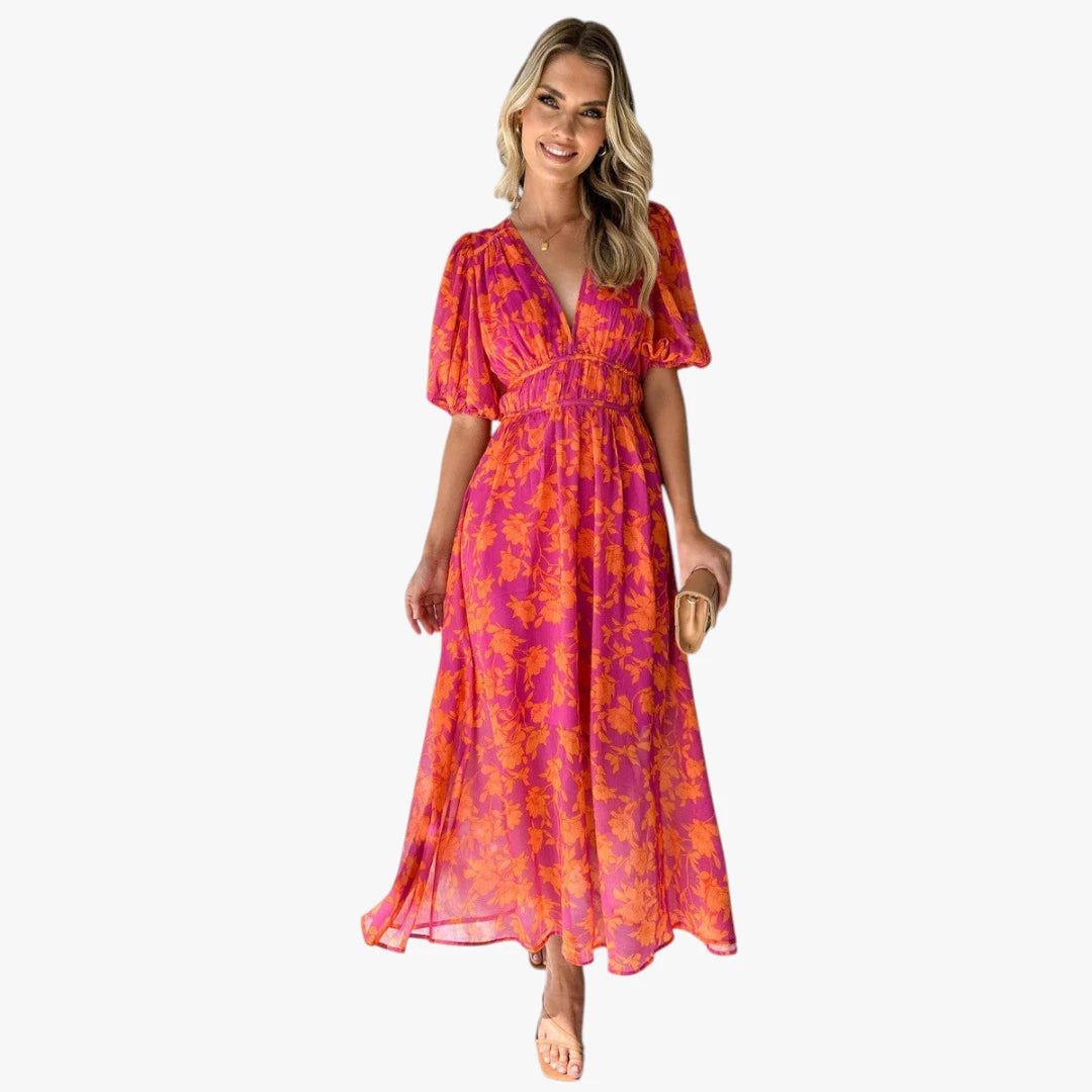 Dame Sommer Midi Blomsterkjole med Pufærmer