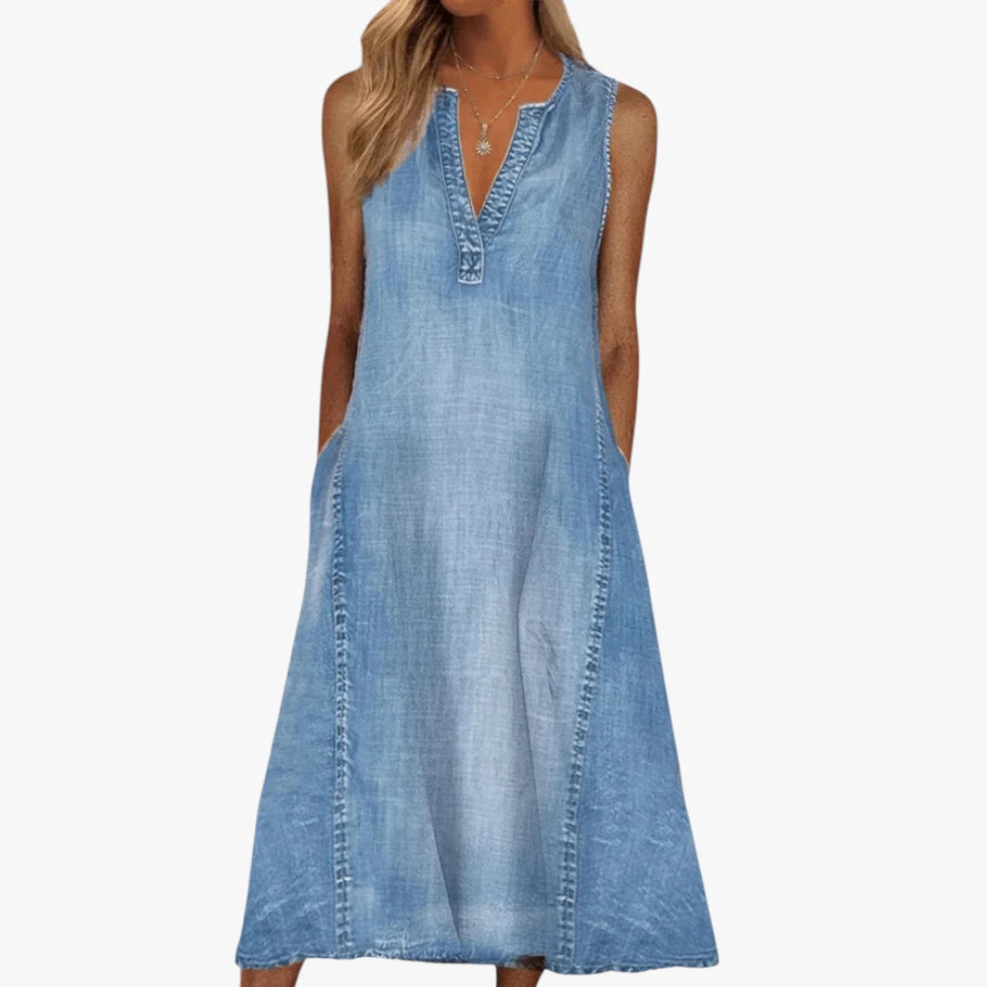 Dame Sommer Midi Denimkjole med V-udskæring