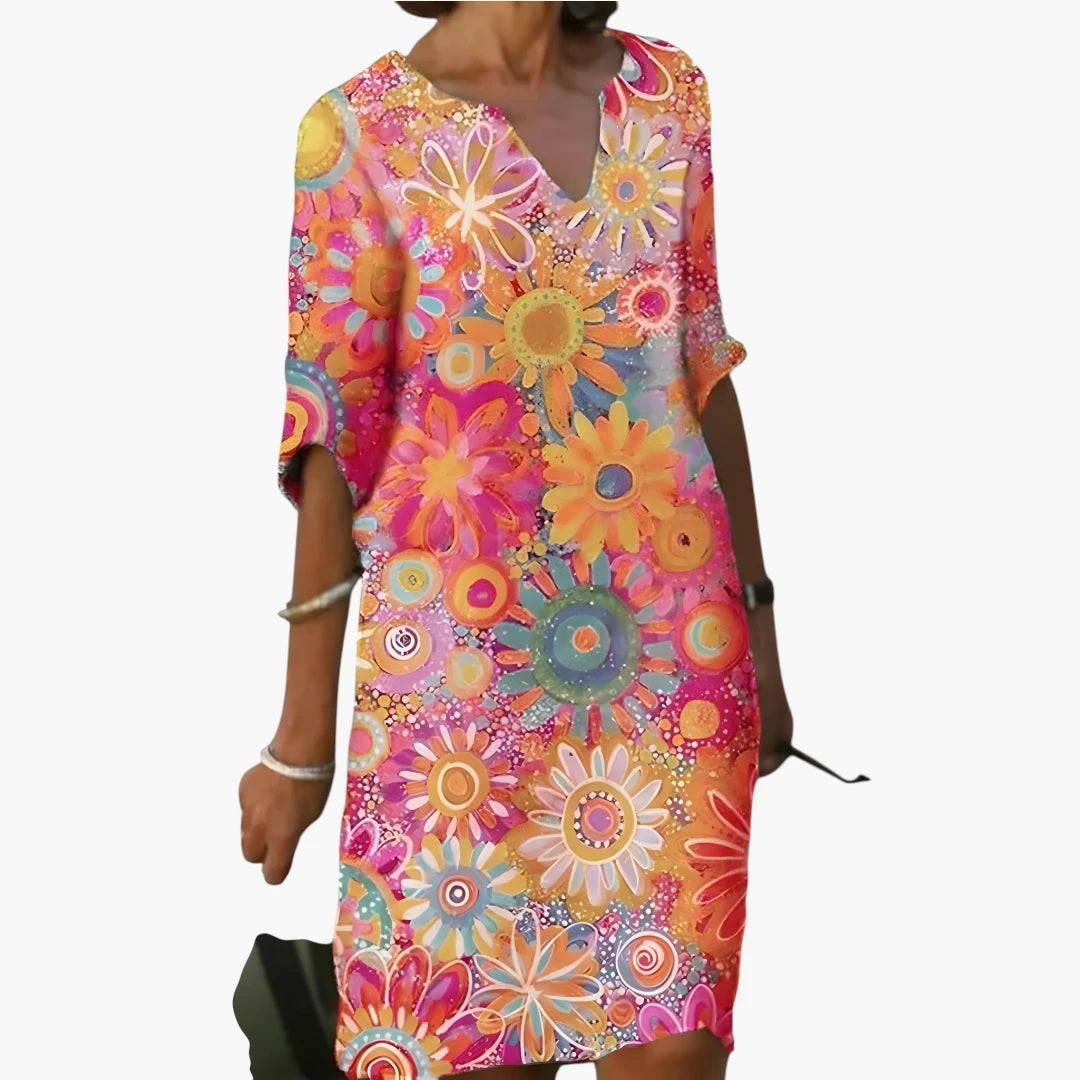 Dame Blomstret Midi Sommerkjole med Med Ærmer
