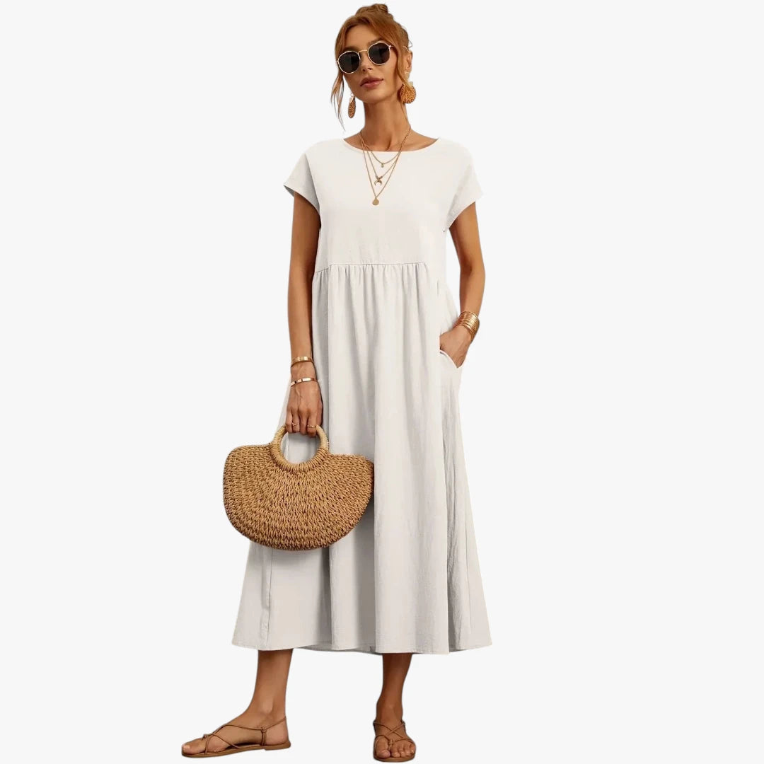 Dame Elegant Maxi Sommerkjole med Lommer og Rund Hals