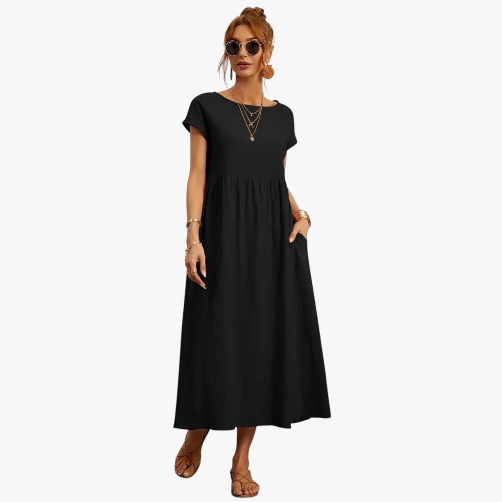 Dame Elegant Maxi Sommerkjole med Lommer og Rund Hals